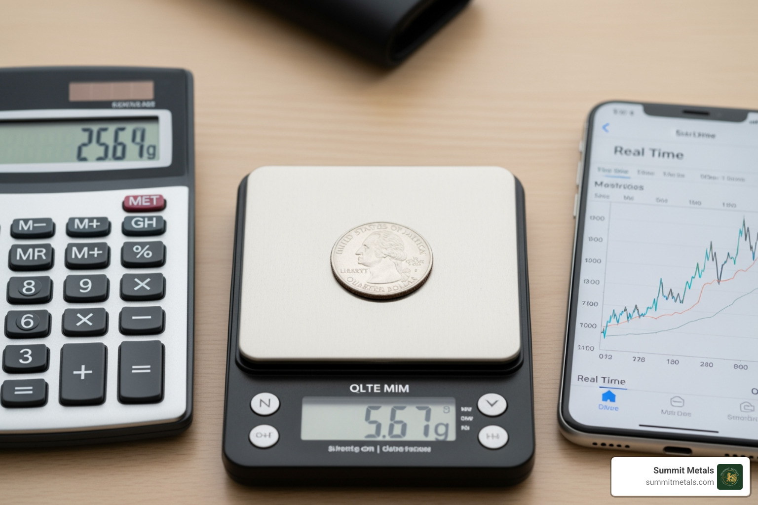 A digital scale weighing a silver quarter, with a calculator and a smartphone showing a silver price chart nearby. - junk silver coins value