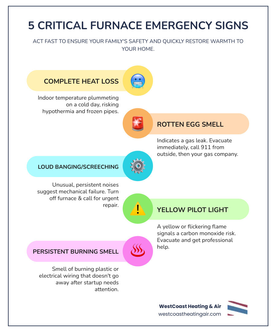 Infographic showing the top 5 signs your gas furnace needs emergency repair: complete loss of heat with dropping indoor temperature, strong gas or rotten egg smell requiring immediate evacuation, loud banging or grinding noises indicating mechanical failure, yellow or flickering pilot light signaling carbon monoxide risk, and persistent burning smell that doesn't go away after startup - 24 hour gas furnace repair in tacoma, wa infographic infographic-line-5-steps-colors