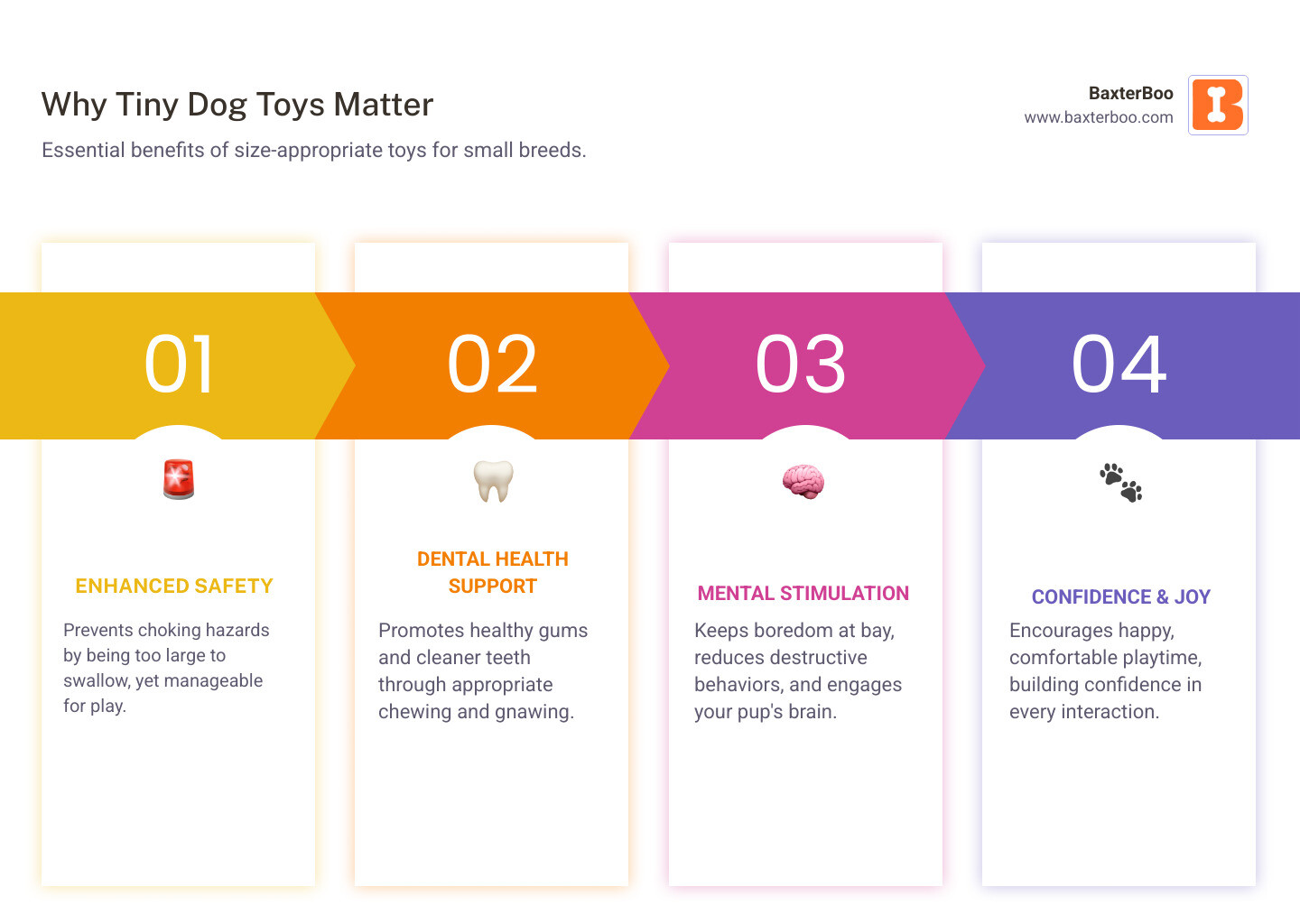 infographic showing benefits of properly sized tiny dog toys including safety from choking hazards, improved dental health through appropriate chewing surfaces, better engagement and confidence during play, mental stimulation to prevent boredom, and size comparison showing correct toy-to-dog proportions - Tiny dog toys infographic pillar-4-steps