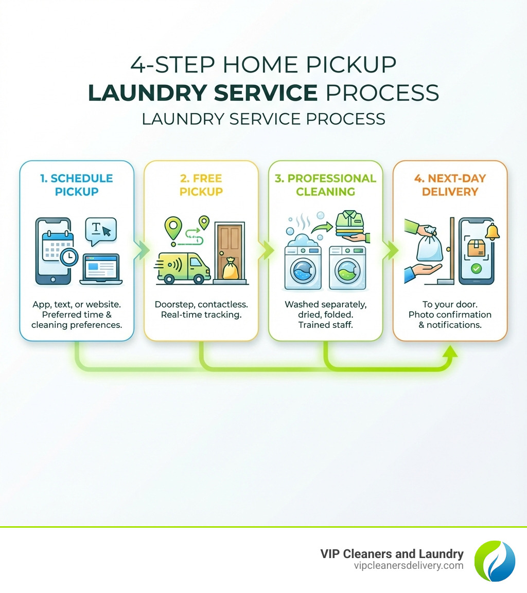 Infographic showing the 4-step laundry service process: Step 1 - Schedule pickup via app, text, or website with your preferred time and cleaning preferences; Step 2 - Free pickup from your doorstep with contactless options and real-time tracking; Step 3 - Professional cleaning where your laundry is washed separately, dried, and folded by trained staff; Step 4 - Next-day delivery to your door with photo confirmation and delivery notifications - home pickup laundry service near me infographic 