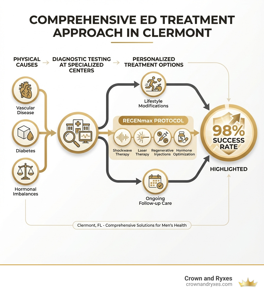 Infographic showing the comprehensive approach to treating erectile dysfunction in Clermont: Physical causes (vascular disease, diabetes, hormonal imbalances) leading to diagnostic testing at specialized centers, followed by personalized treatment options including REGENmax protocol (shockwave therapy, laser therapy, regenerative injections, hormone optimization), lifestyle modifications, and ongoing follow-up care, with a 98% success rate highlighted - erectile disfunction center clermont infographic Infographic showing the comprehensive approach to treating erectile dysfunction in Clermont: Physical causes (vascular disease, diabetes, hormonal imbalances) leading to diagnostic testing at specialized centers, followed by personalized treatment options including REGENmax protocol (shockwave therapy, laser therapy, regenerative injections, hormone optimization), lifestyle modifications, and ongoing follow-up care, with a 98% success rate highlighted - erectile disfunction center clermont infographic