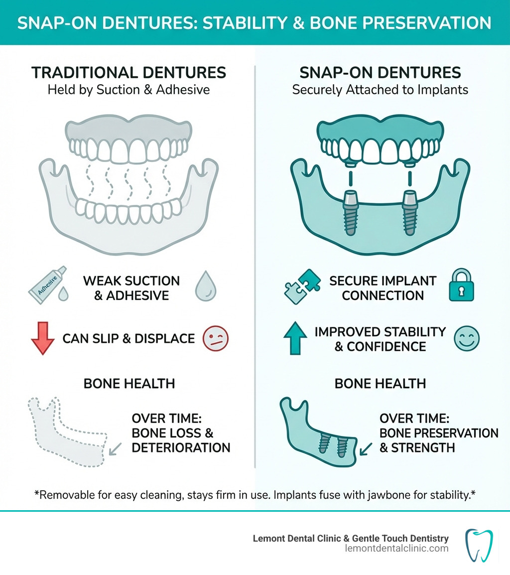 infographic comparing traditional dentures held by suction and adhesive that can slip, versus snap-on dentures securely attached to dental implants in the jawbone, showing improved stability and bone preservation - snap on dental implants infographic 