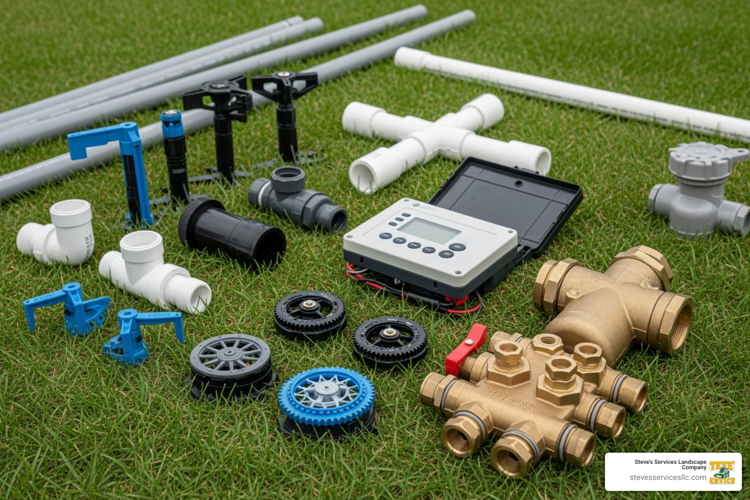 Infographic showing the breakdown of home sprinkler system costs for a quarter-acre property: Installation labor (60% or $1,500-$2,100), Materials including pipes, heads, and valves (25% or $625-$875), Smart controller and sensors (10% or $250-$350), Permits and backflow preventer (5% or $125-$175), with total average cost of $2,500-$3,500 - home sprinkler system cost