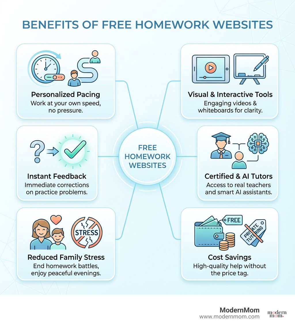 infographic showing benefits of free homework websites including personalized pacing for students to work at their own speed, visual and interactive tools like videos and whiteboards, instant feedback on practice problems, access to certified teachers and AI tutors, reduced family stress and homework battles, and cost savings compared to private tutoring - free homework websites infographic 