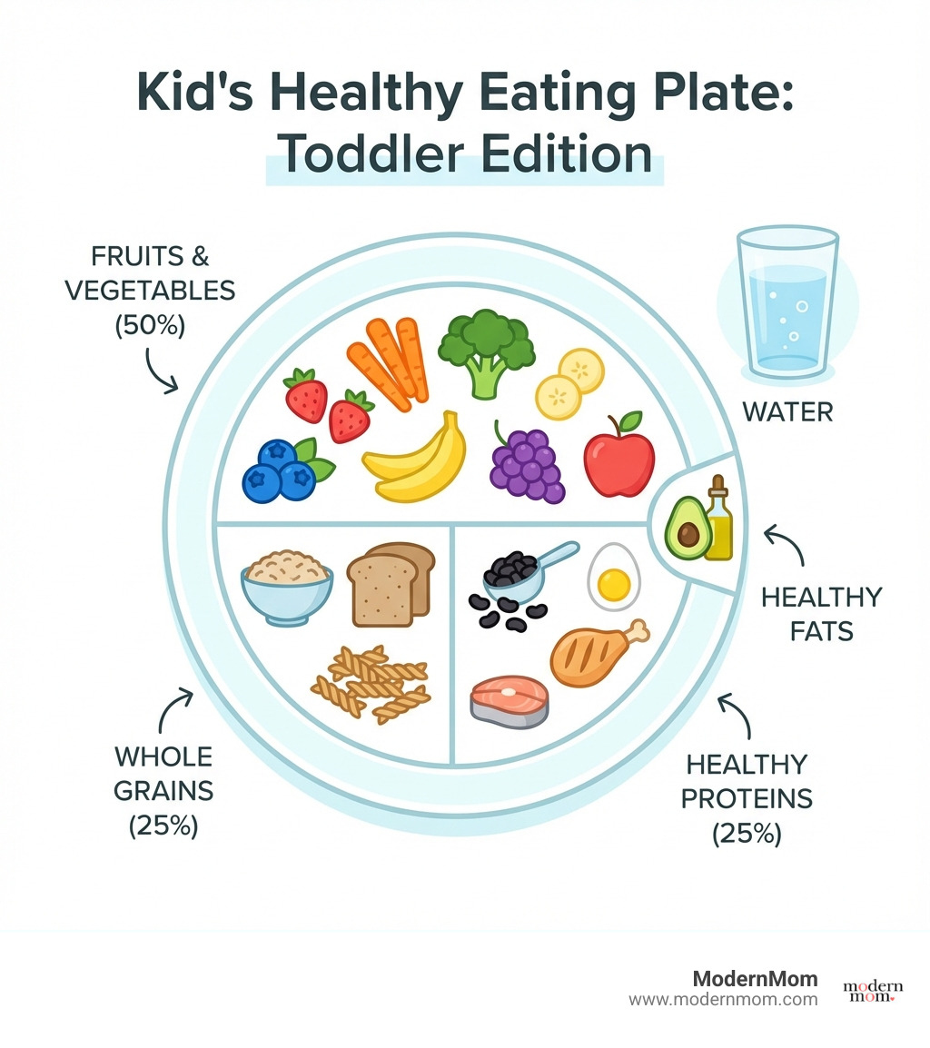 infographic showing the Kid's Healthy Eating Plate model with half the plate filled with colorful fruits and vegetables, one quarter with whole grains like brown rice or whole wheat bread, one quarter with healthy proteins like beans eggs or chicken, a small section for healthy fats like avocado or olive oil, and a glass of water on the side - toddler lunch ideas infographic 