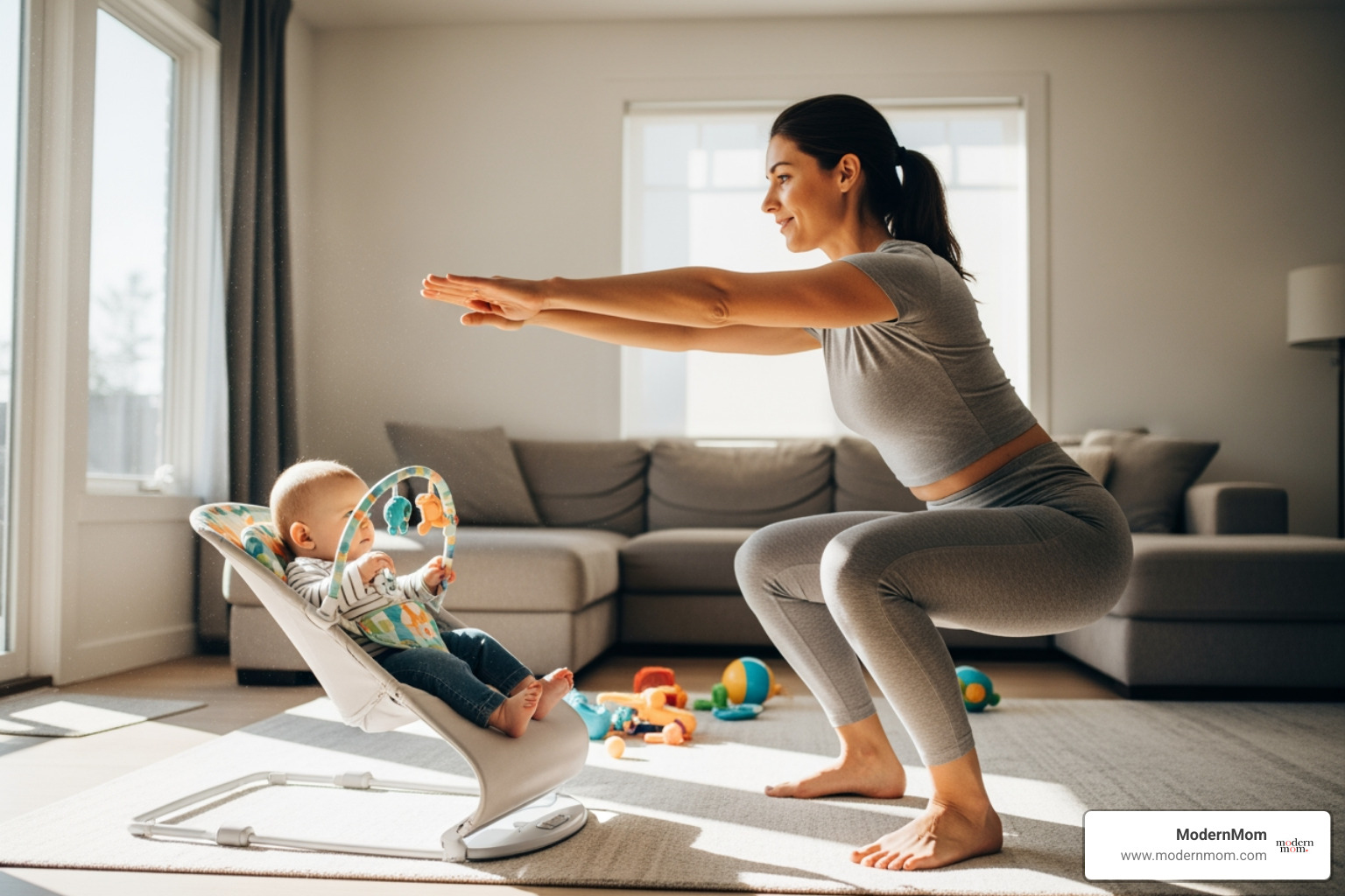 mom doing bodyweight squat while baby watches from bouncer - breastfeeding friendly workouts