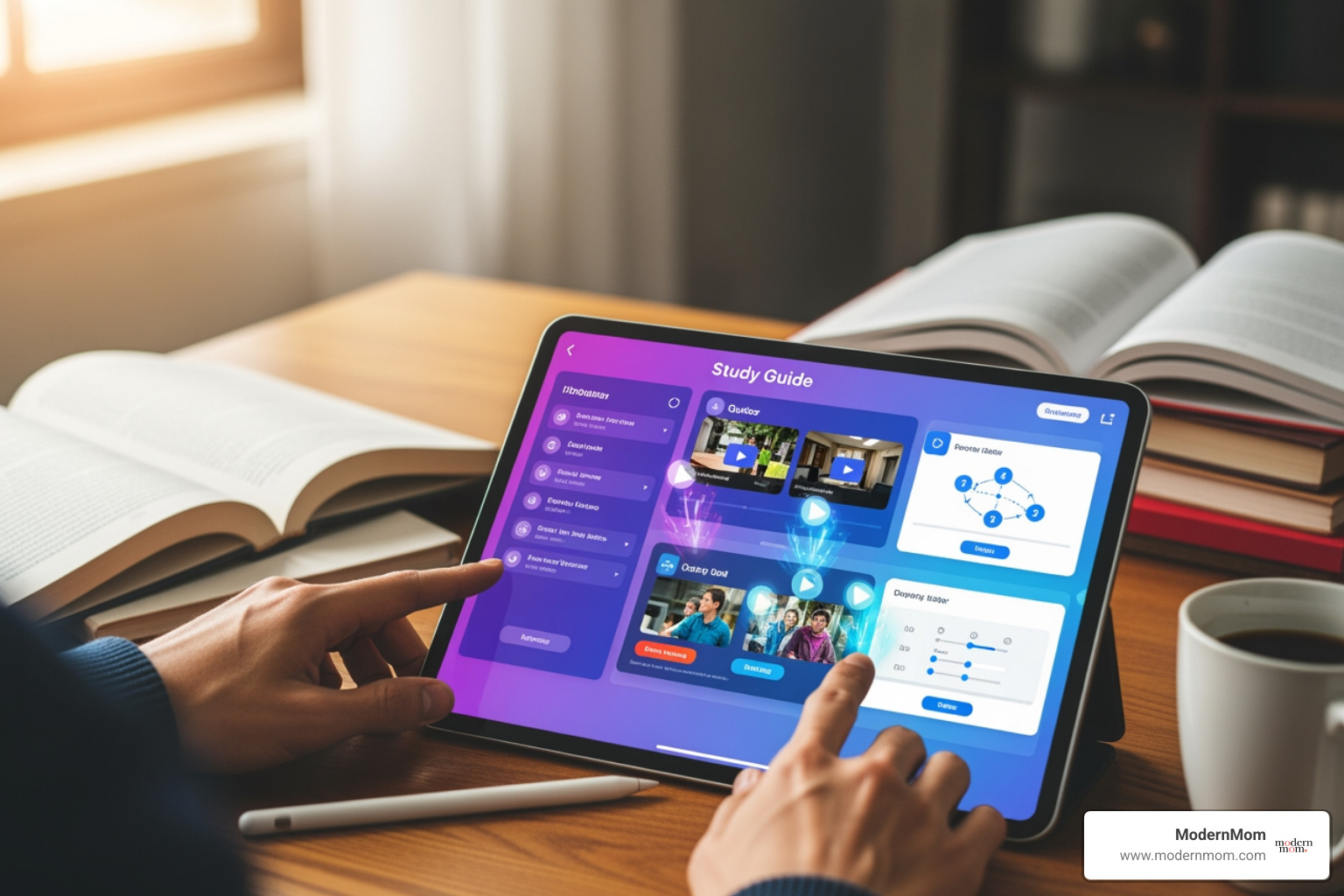 traditional paper study guide next to a dynamic app on a tablet - interactive study guides