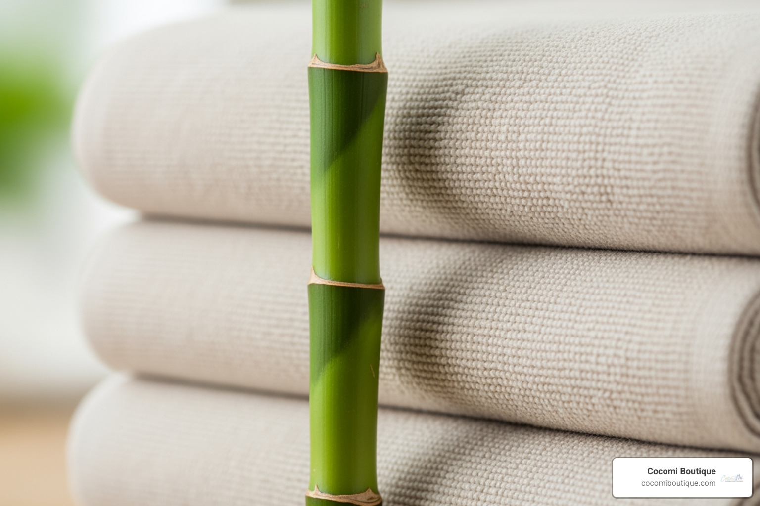 bamboo plant stalk next to a folded, plush bamboo towel - bamboo hooded towel baby