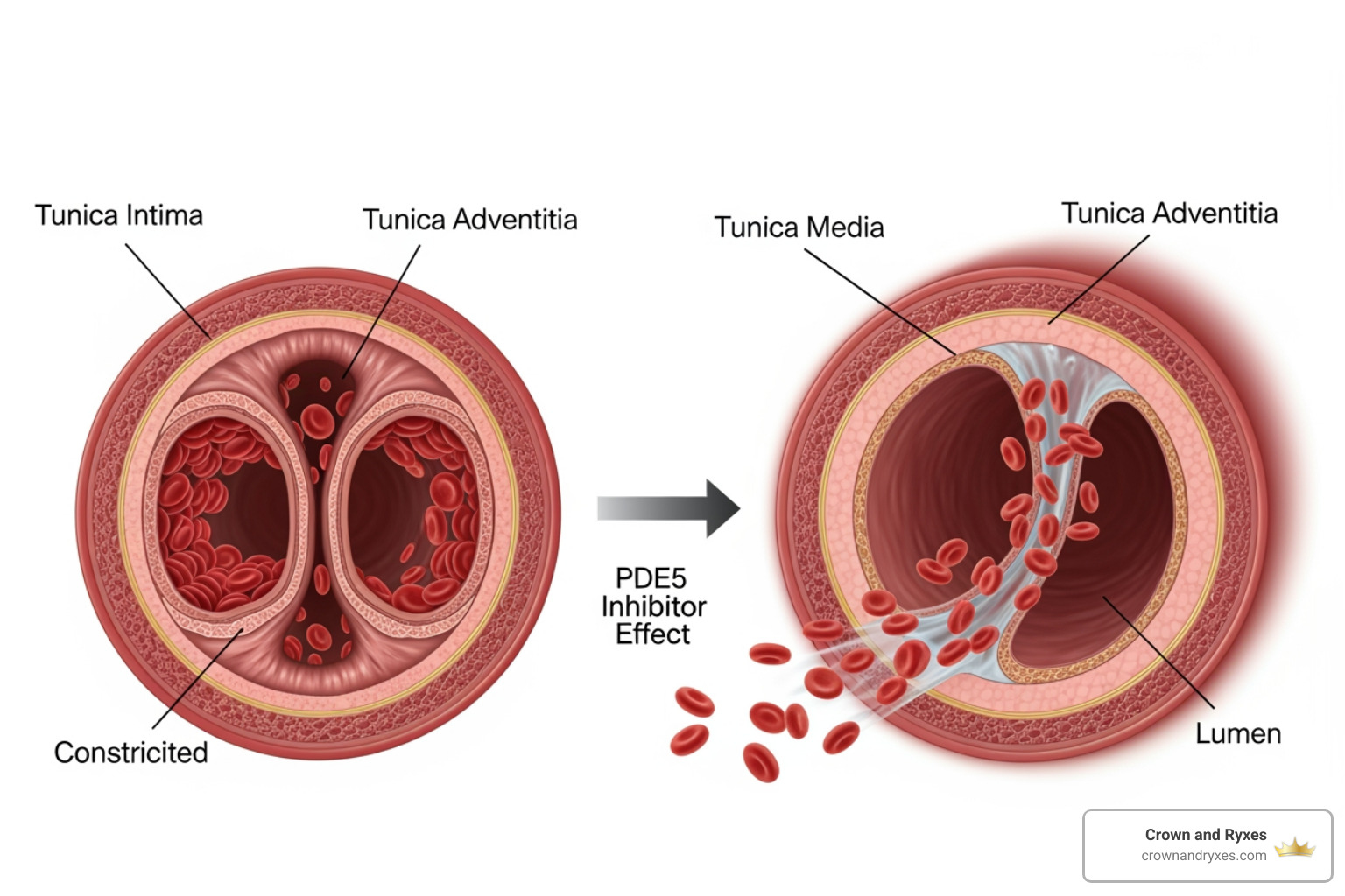 illustration of blood vessels before and after PDE-5 inhibitor, showing increased dilation and blood flow - ED pills that work