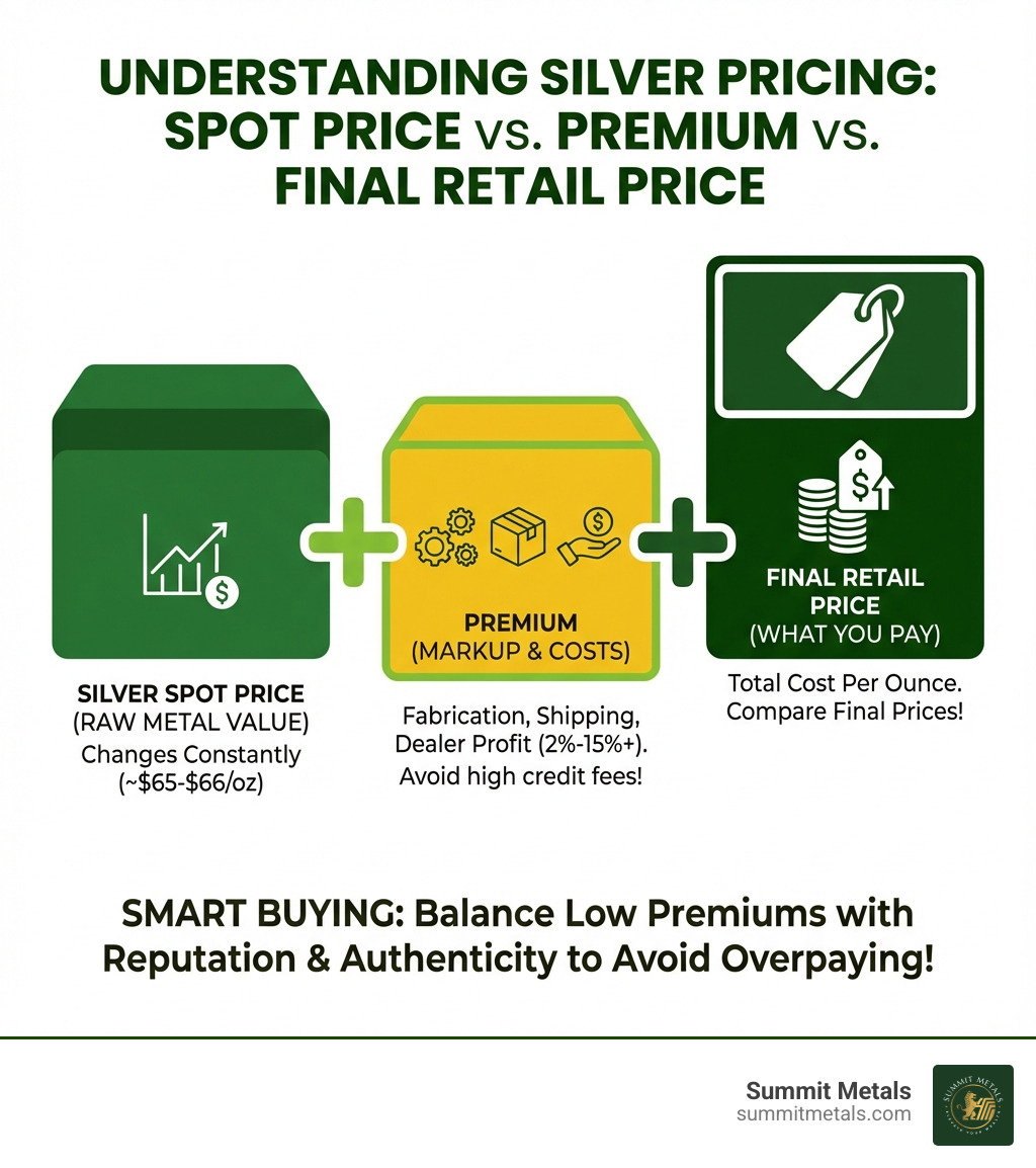infographic explaining the difference between silver spot price, premium, and final retail price - cheapest silver prices online infographic 