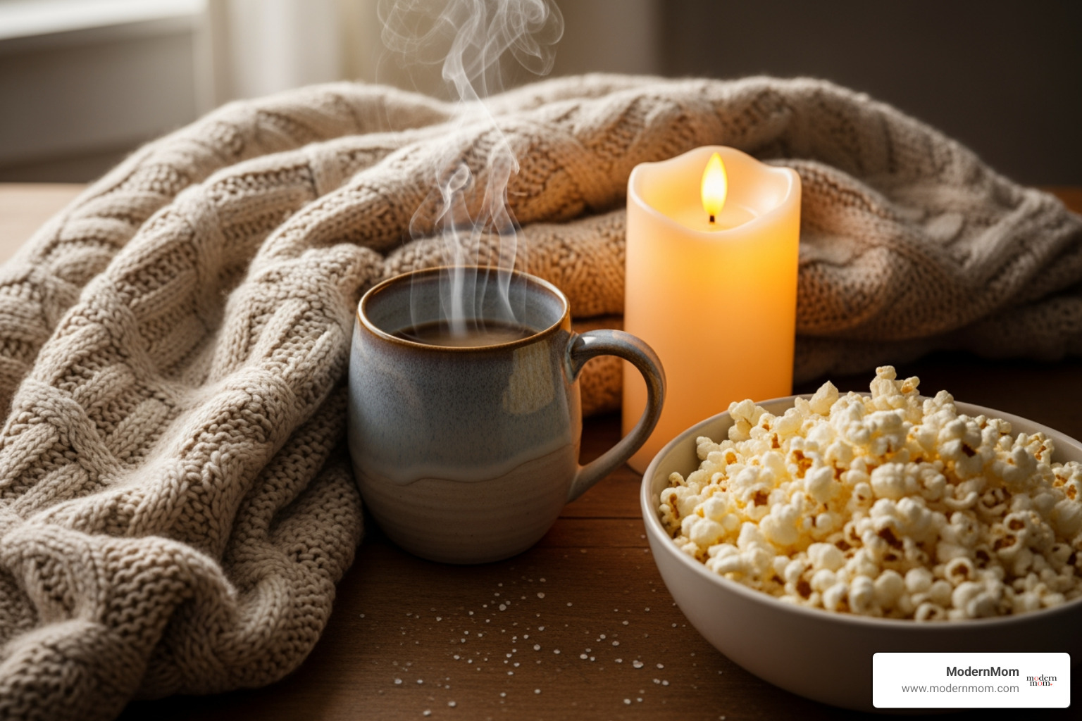 A collection of sensory items: a soft blanket, a steaming mug, a battery-powered candle, and a bowl of popcorn - cozy self care