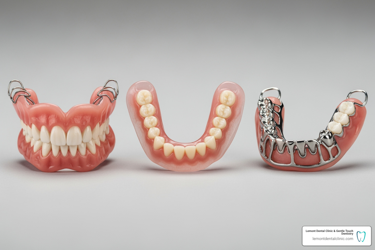 Image showing three types of removable partial dentures including acrylic, flexible, and cast metal designs - Dentures for back teeth