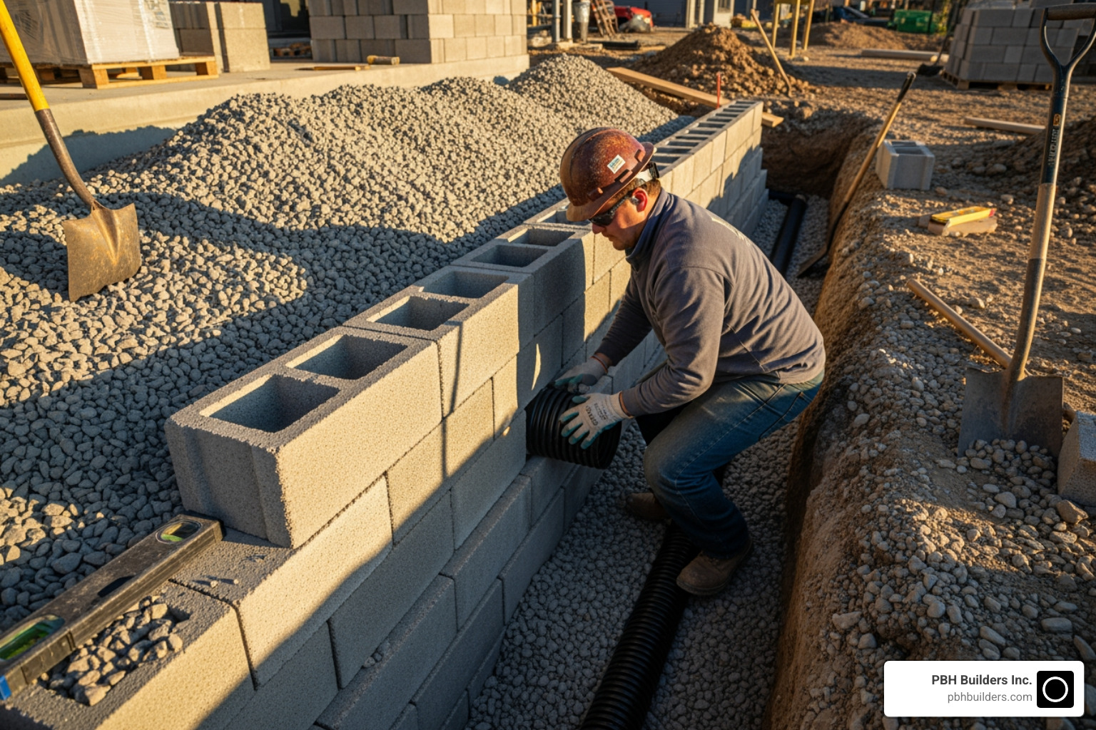 person installing perforated pipe behind retaining wall - how to add drainage to a retaining wall