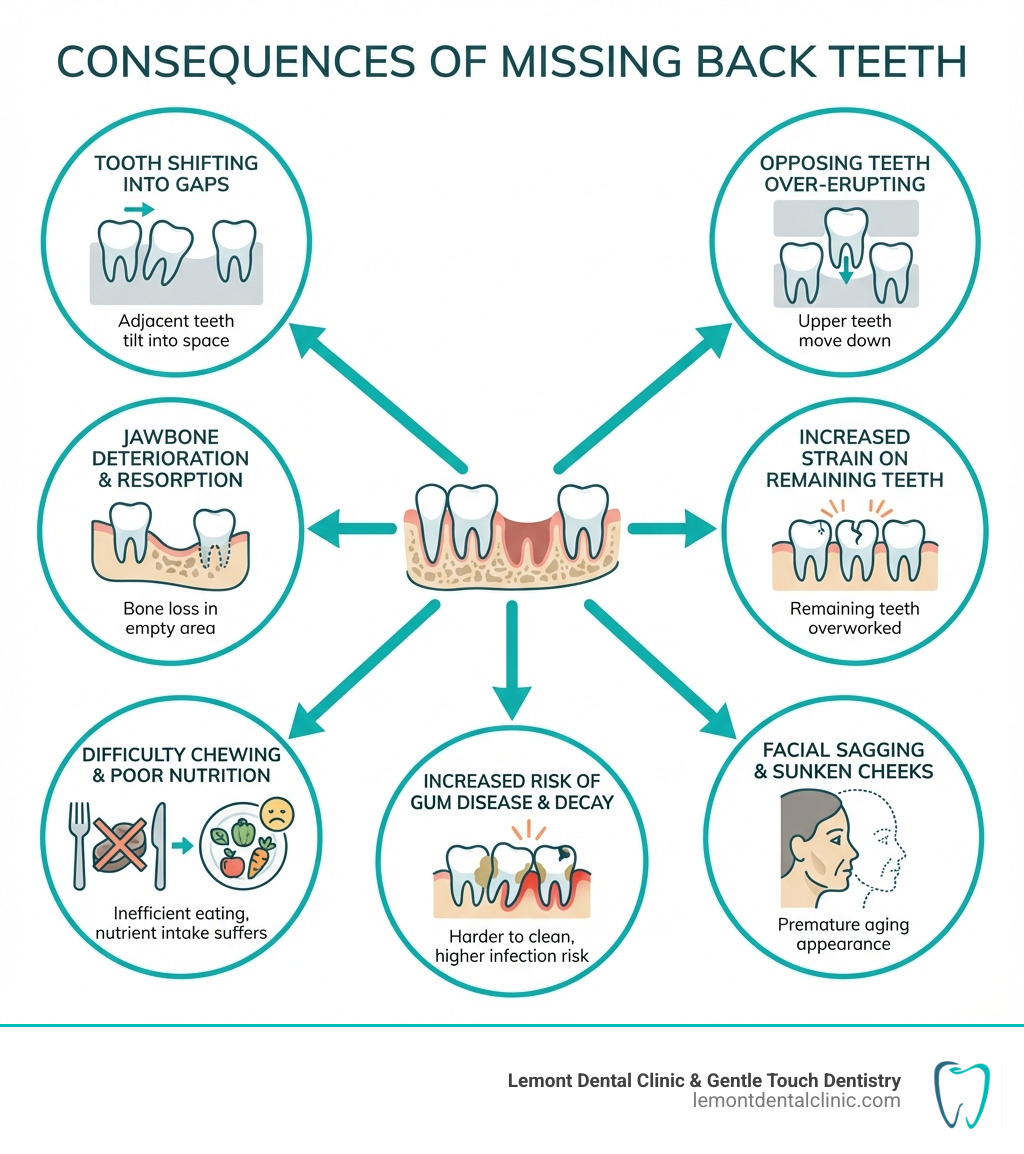 infographic showing consequences of missing back teeth including tooth shifting into gaps, opposing teeth over-erupting, jawbone deterioration and resorption, increased strain on remaining teeth, difficulty chewing leading to poor nutrition, facial sagging and sunken cheeks, and increased risk of gum disease and decay - Dentures for back teeth infographic 