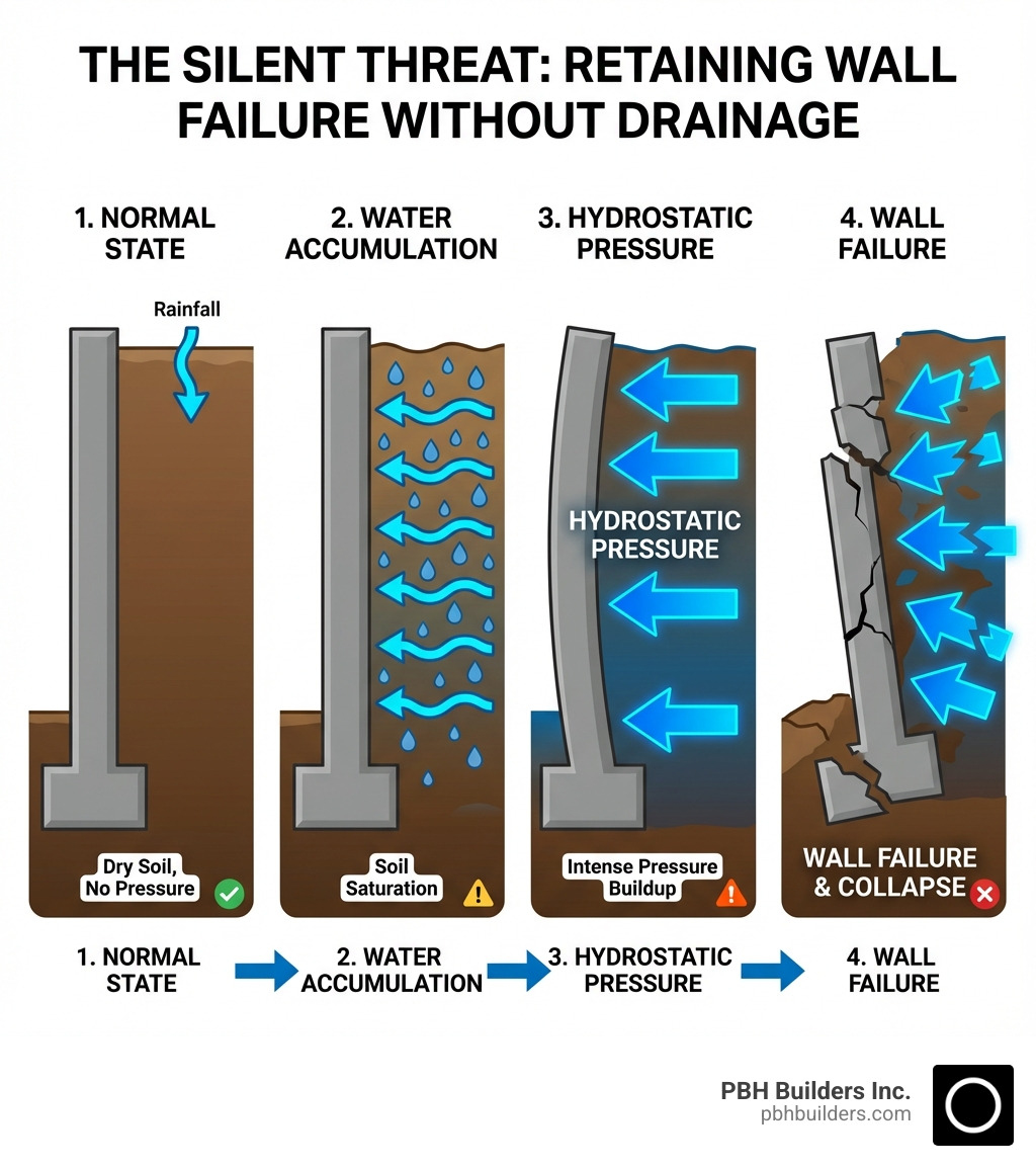 infographic showing how water pressure builds behind a retaining wall without drainage, leading to soil saturation, hydrostatic pressure, and eventual wall failure with arrows indicating water flow and pressure points - how to add drainage to a retaining wall infographic 