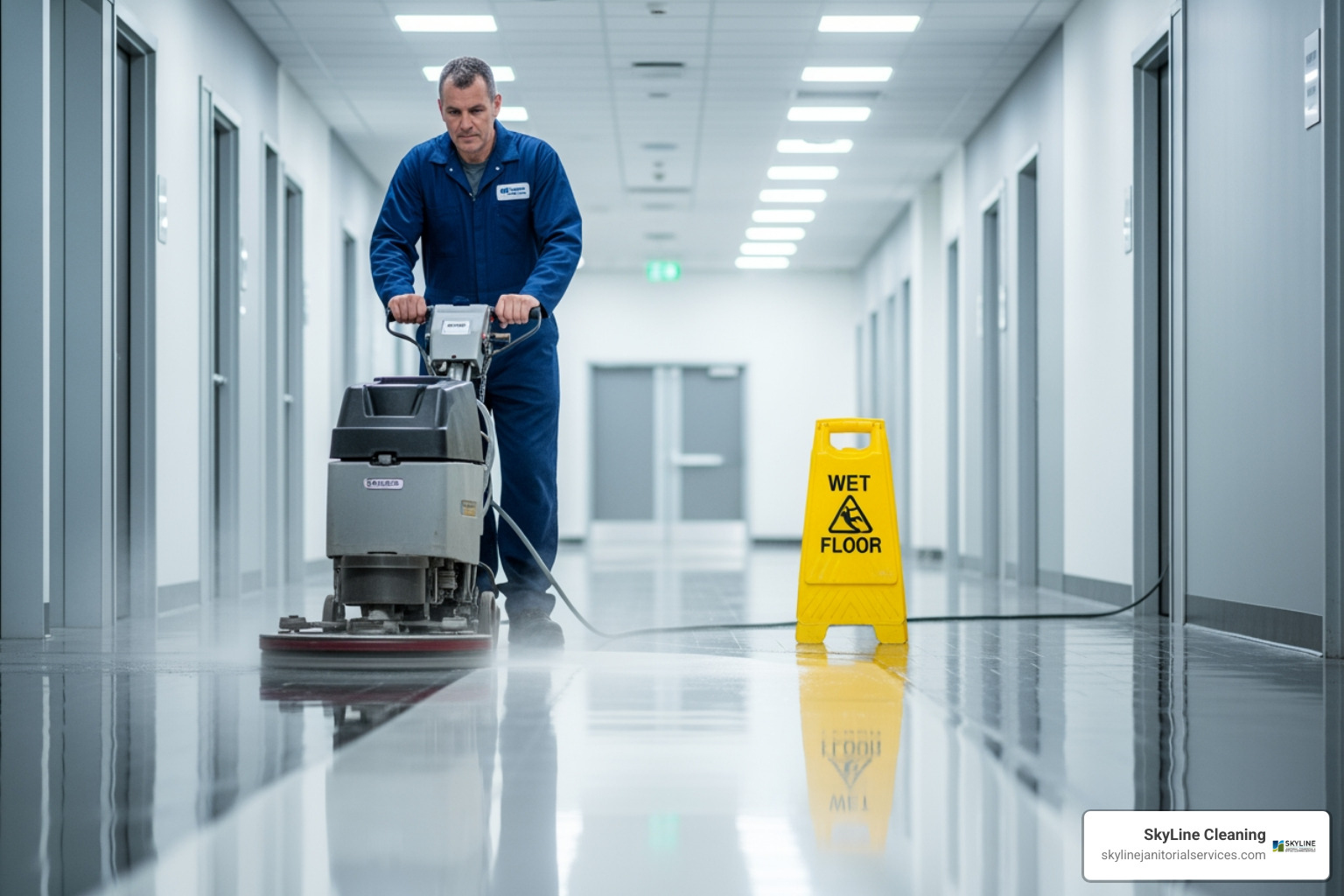 janitor using floor buffer - janitorial companies in chicago