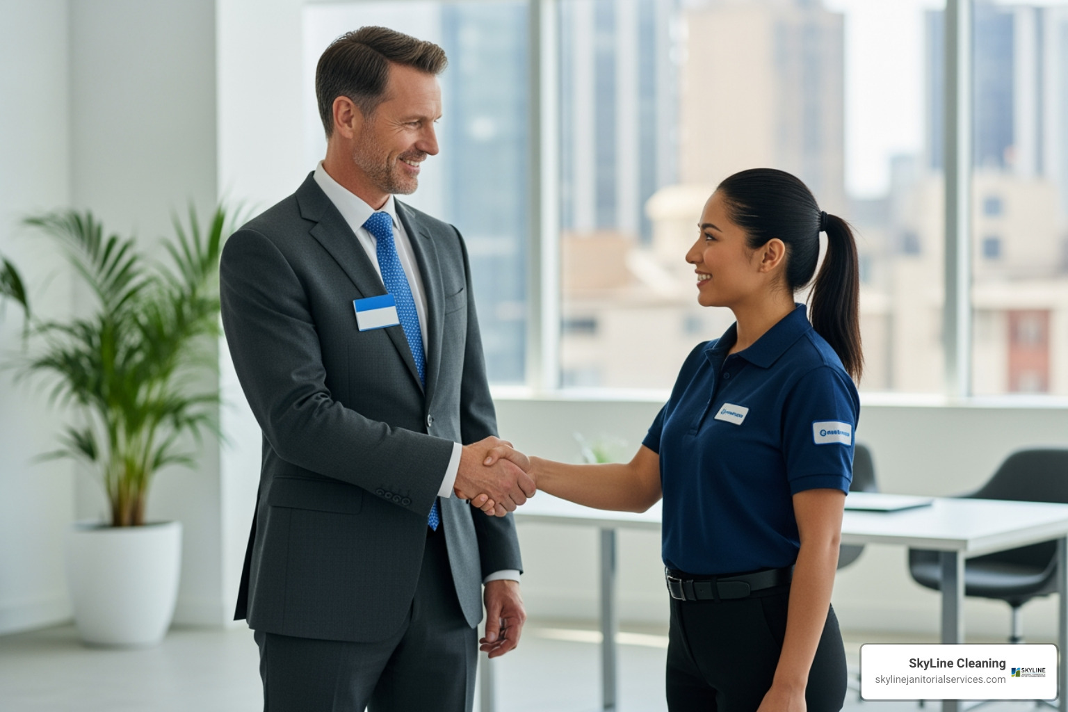 manager shaking hands with cleaning professional - janitorial companies in chicago