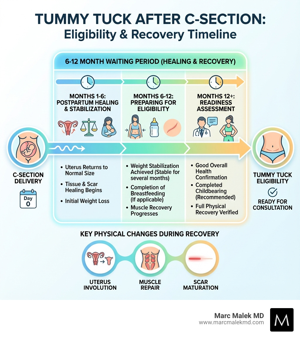 infographic showing timeline from C-section to tummy tuck eligibility, including 6-12 month waiting period, weight stabilization requirements, completion of breastfeeding, and key physical changes that occur during recovery - tummy tuck after C-section infographic infographic showing timeline from C-section to tummy tuck eligibility, including 6-12 month waiting period, weight stabilization requirements, completion of breastfeeding, and key physical changes that occur during recovery - tummy tuck after C-section infographic