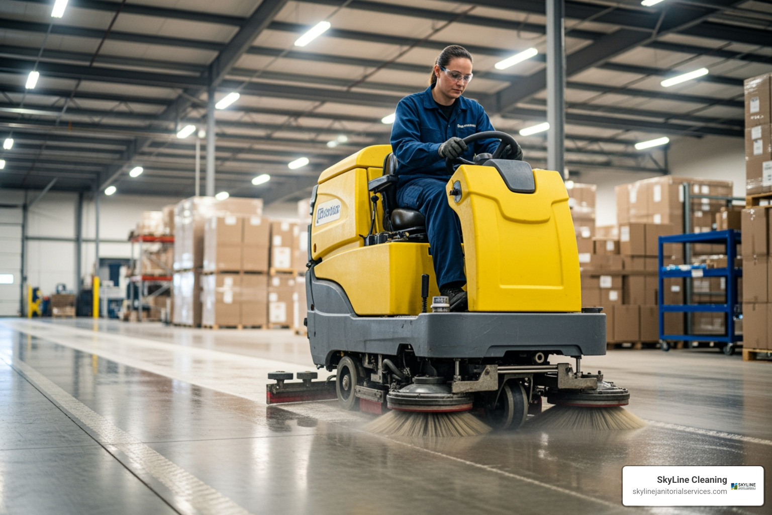 cleaning professional operating a large ride-on floor scrubber - industrial floor cleaning Chicago