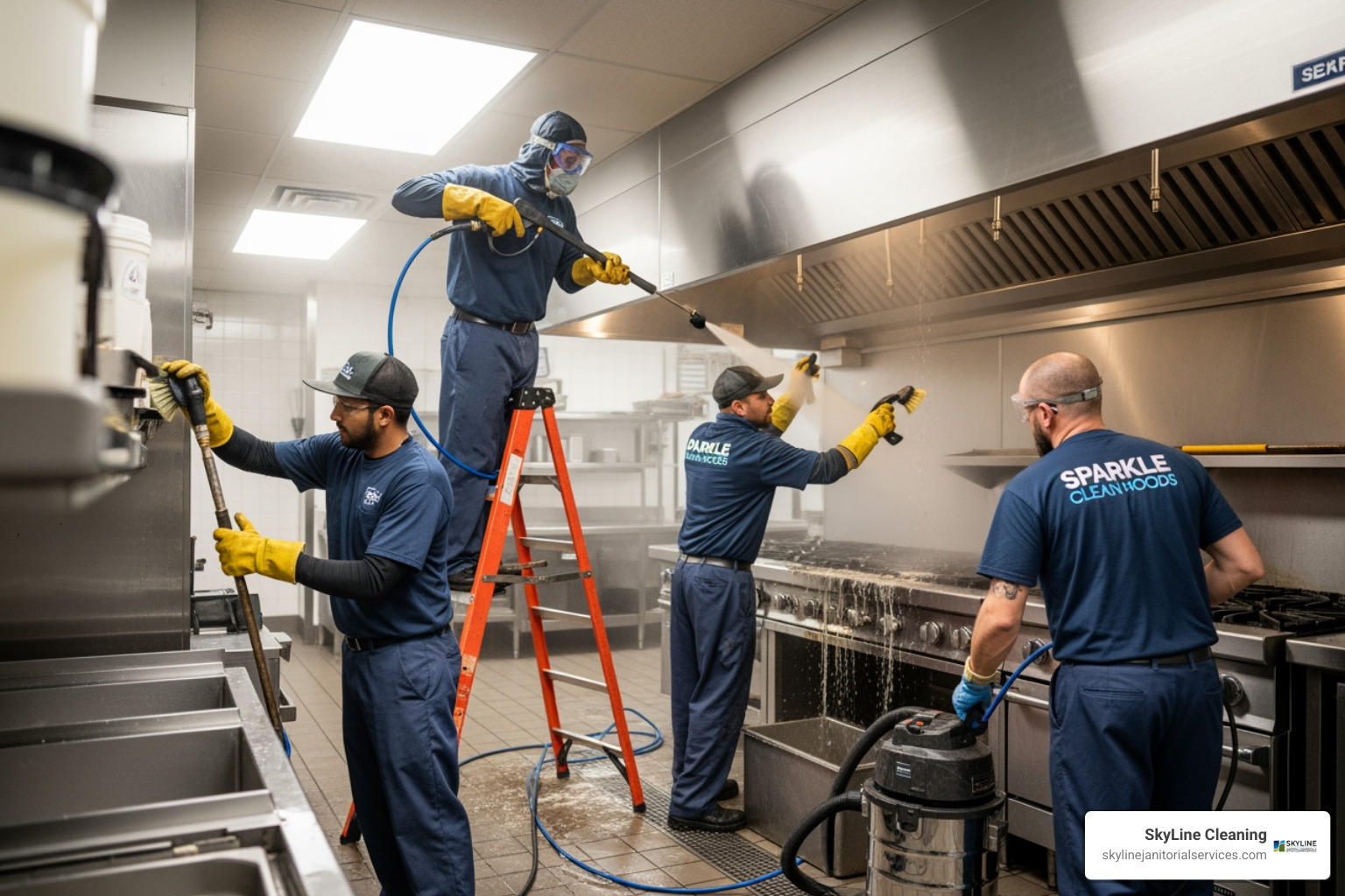 Professional team deep cleaning a commercial kitchen exhaust hood - restaurant cleaning service chicago Professional team deep cleaning a commercial kitchen exhaust hood - restaurant cleaning service chicago