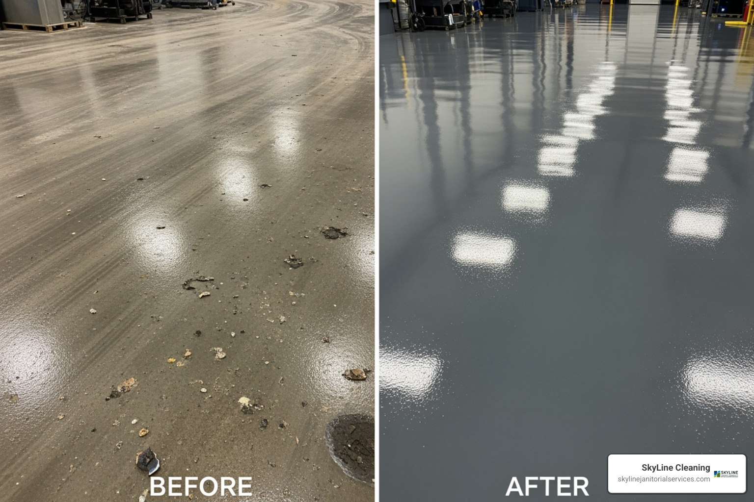 split-screen showing before-and-after of a cleaned epoxy floor - industrial floor cleaning Chicago