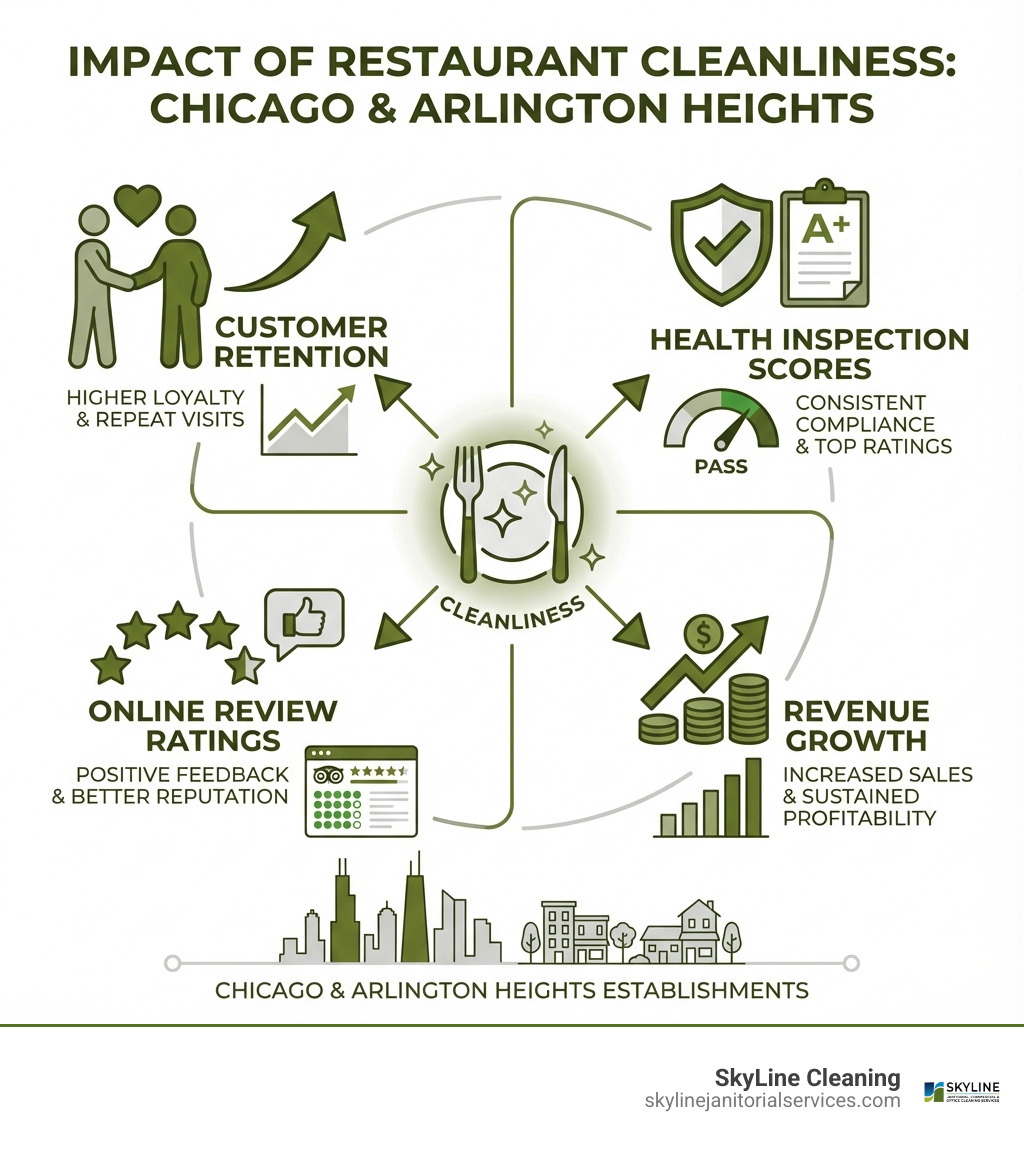 Infographic showing the impact of restaurant cleanliness on customer retention, health inspection scores, online review ratings, and revenue growth in Chicago and Arlington Heights establishments - restaurant cleaning service chicago infographic Infographic showing the impact of restaurant cleanliness on customer retention, health inspection scores, online review ratings, and revenue growth in Chicago and Arlington Heights establishments - restaurant cleaning service chicago infographic