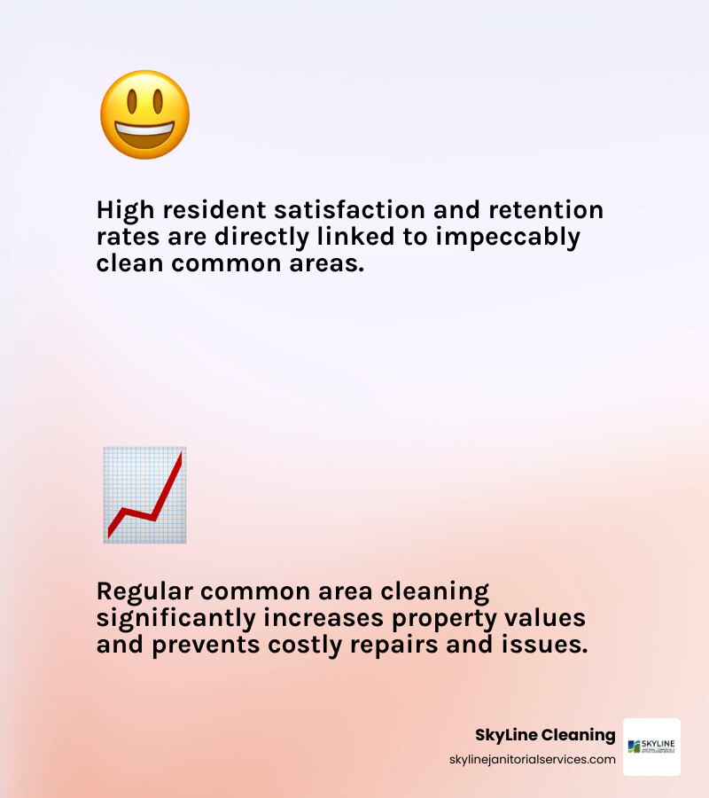 Infographic showing the impact of common area cleaning on property value and resident retention, including statistics on tenant satisfaction rates, property value increases from regular maintenance, reduction in sick days from proper sanitization, and cost savings from preventive cleaning versus emergency repairs - common area cleaning infographic 2_facts_emoji_light-gradient