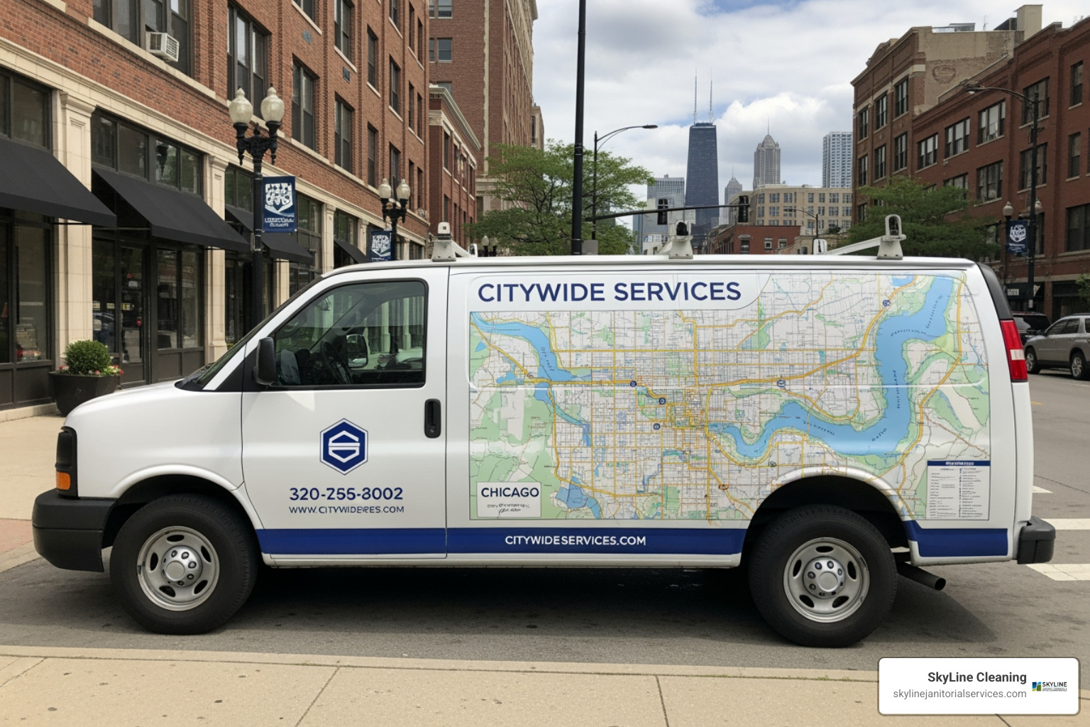 of a service van with a map of the Chicago metropolitan area - industrial cleaning company chicago of a service van with a map of the Chicago metropolitan area - industrial cleaning company chicago