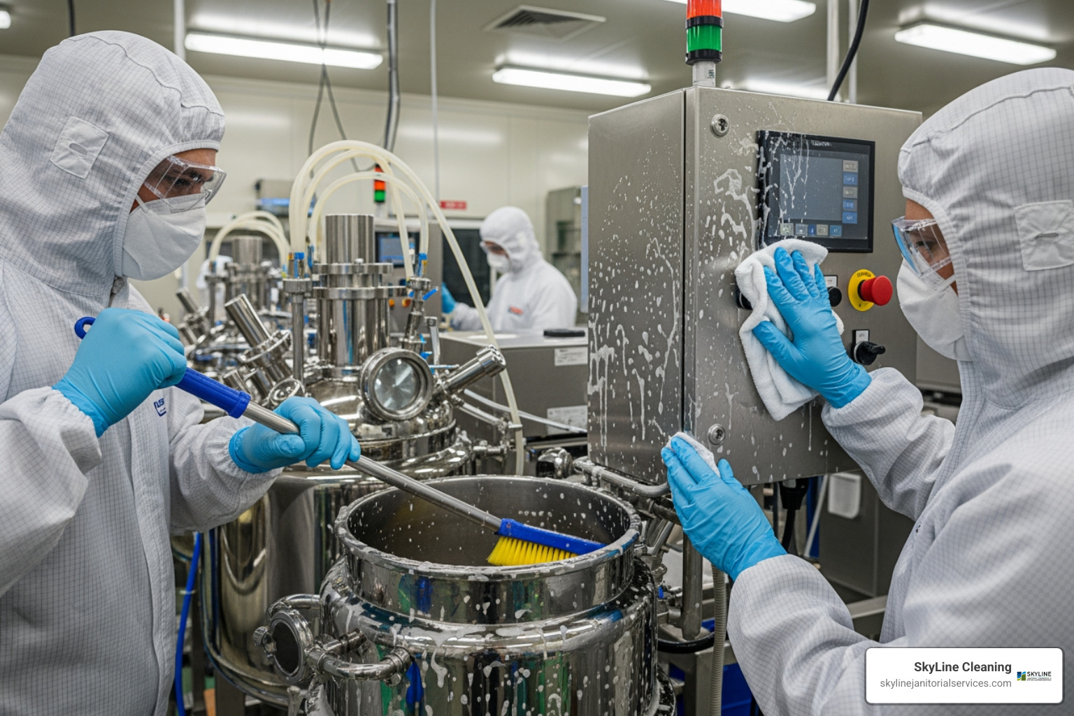 of technicians in PPE carefully cleaning a laboratory or food processing line - industrial cleaning company chicago of technicians in PPE carefully cleaning a laboratory or food processing line - industrial cleaning company chicago
