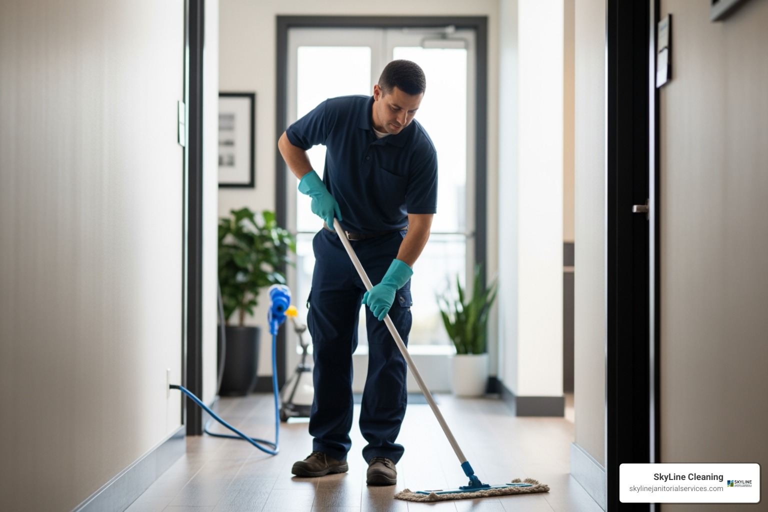 A cleaning professional mopping a hallway in an Arlington Heights property - common area cleaning