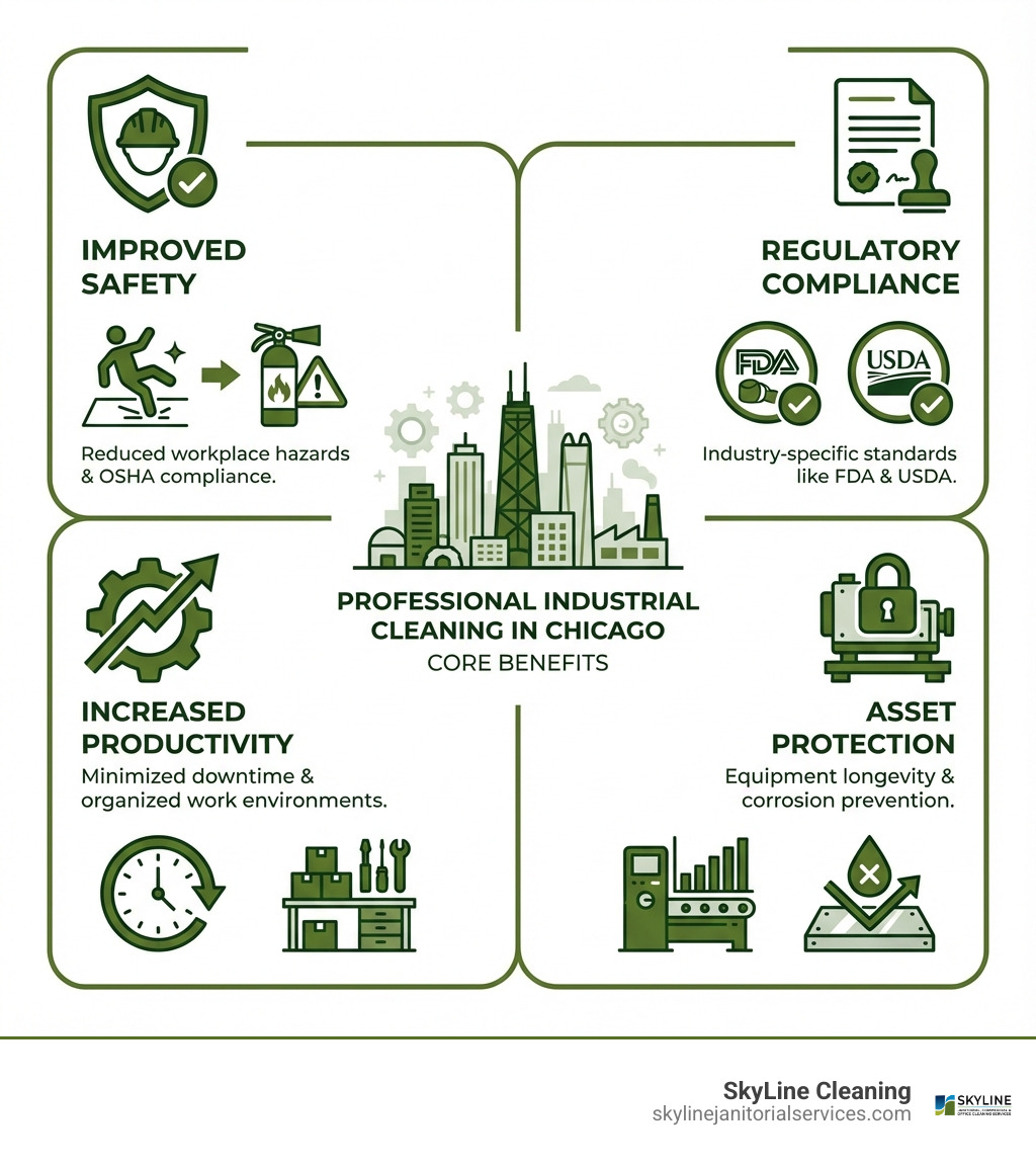 Infographic showing four core benefits of professional industrial cleaning in Chicago: Improved Safety through reduced workplace hazards and OSHA compliance, Regulatory Compliance with industry-specific standards like FDA and USDA, Increased Productivity via minimized downtime and organized work environments, and Asset Protection through equipment longevity and corrosion prevention - industrial cleaning company chicago infographic Infographic showing four core benefits of professional industrial cleaning in Chicago: Improved Safety through reduced workplace hazards and OSHA compliance, Regulatory Compliance with industry-specific standards like FDA and USDA, Increased Productivity via minimized downtime and organized work environments, and Asset Protection through equipment longevity and corrosion prevention - industrial cleaning company chicago infographic