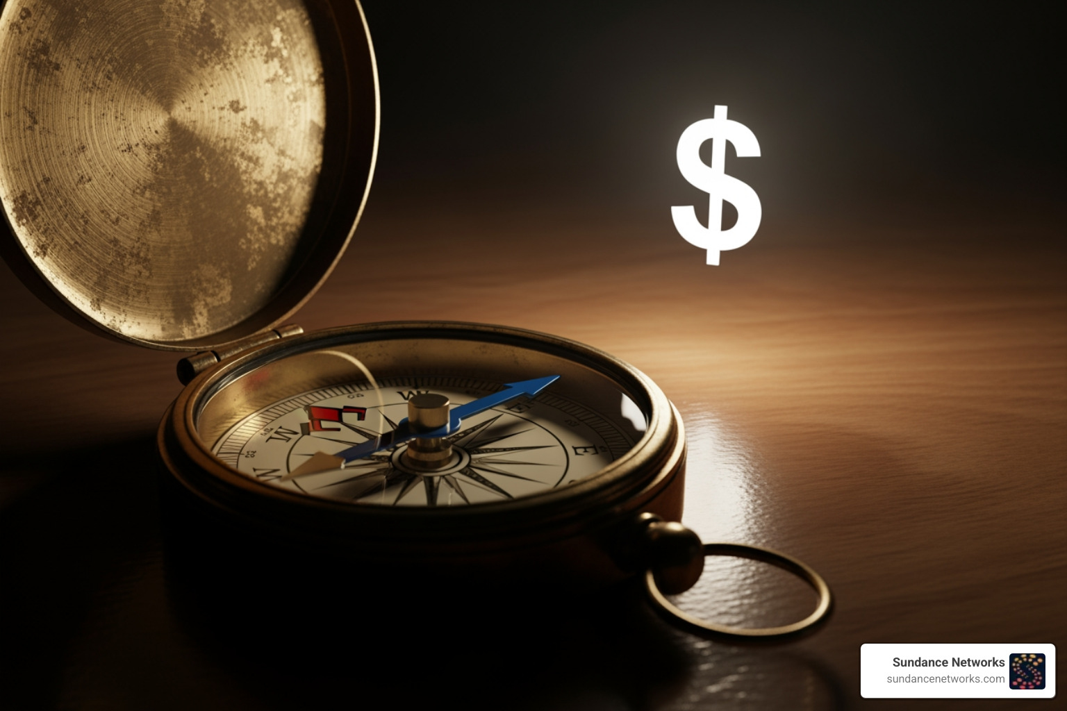 compass pointing towards a dollar sign labeled "Value" - Value driven AI compass pointing towards a dollar sign labeled "Value" - Value driven AI