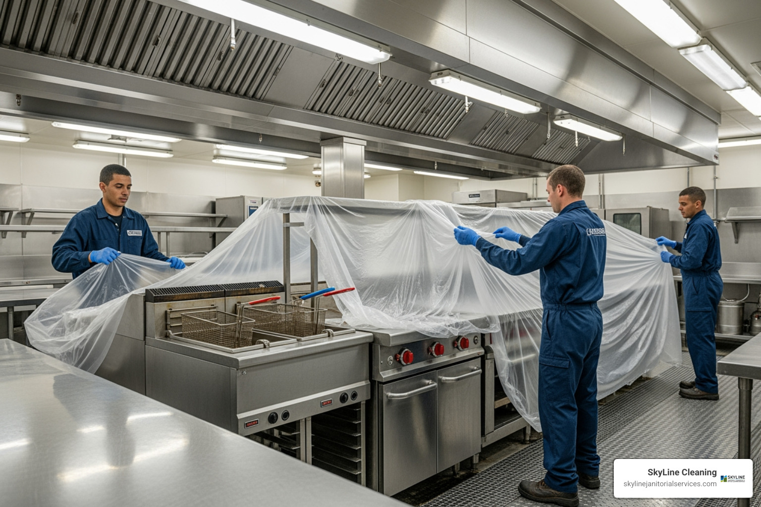 technicians covering kitchen equipment with plastic sheeting before a clean - commercial hood cleaning