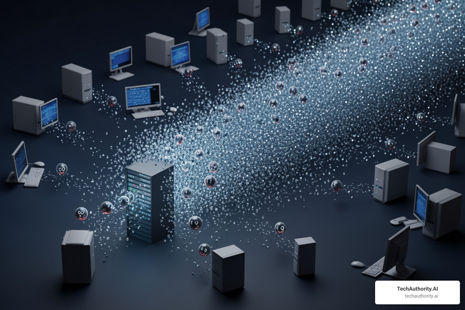 A distributed denial-of-service (DDoS) attack showing multiple compromised computers (bots) flooding a single server with traffic, overwhelming it and making it unavailable. - Server Security