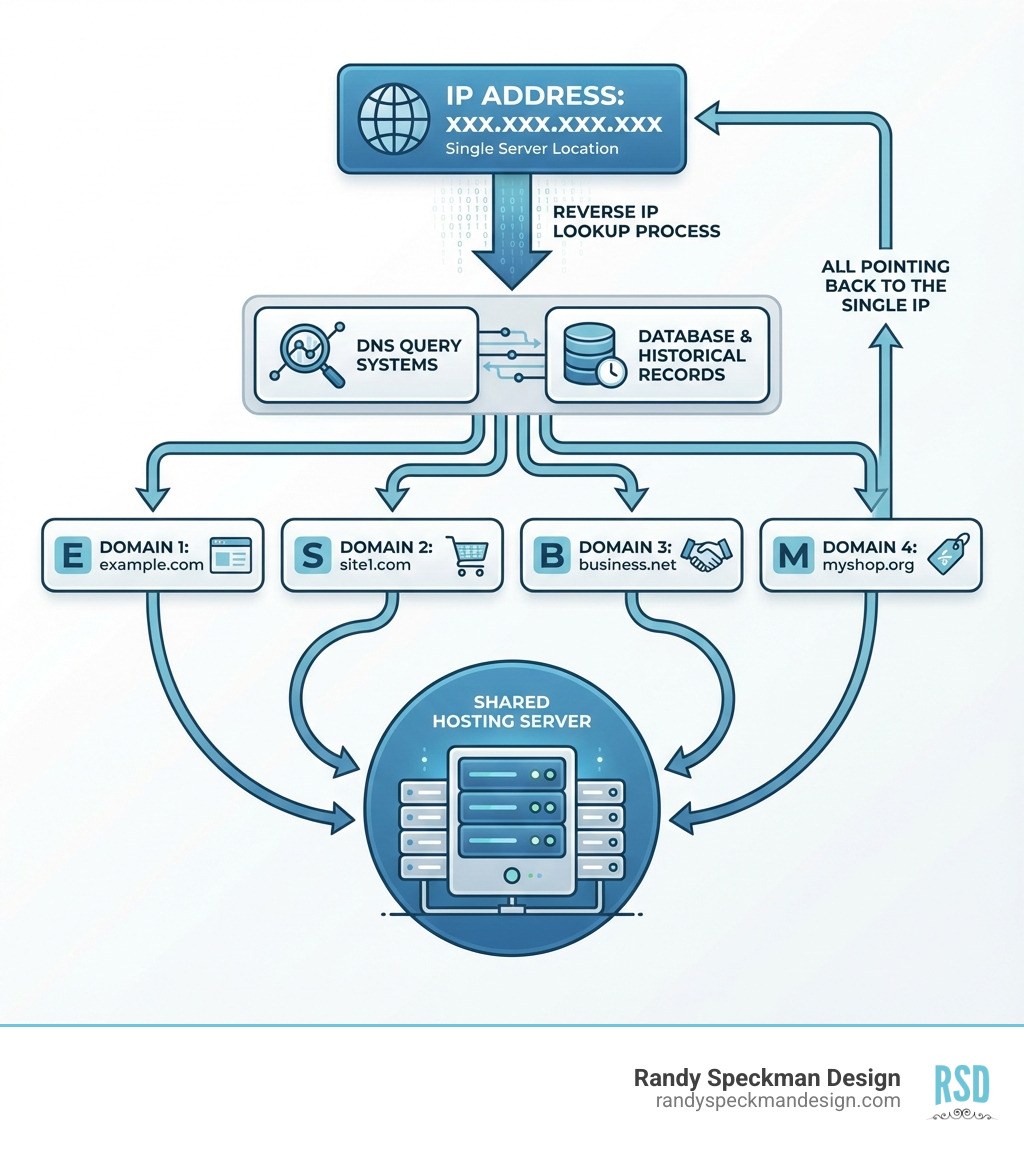 Detailed infographic showing the reverse IP lookup process: starting with a single IP address at the top, arrows pointing down through DNS query systems and databases, then fanning out to show multiple domain names (example.com, site1.com, business.net, myshop.org) all pointing back to that one IP address, with icons representing shared hosting server - find all domains hosted on an ip address infographic 