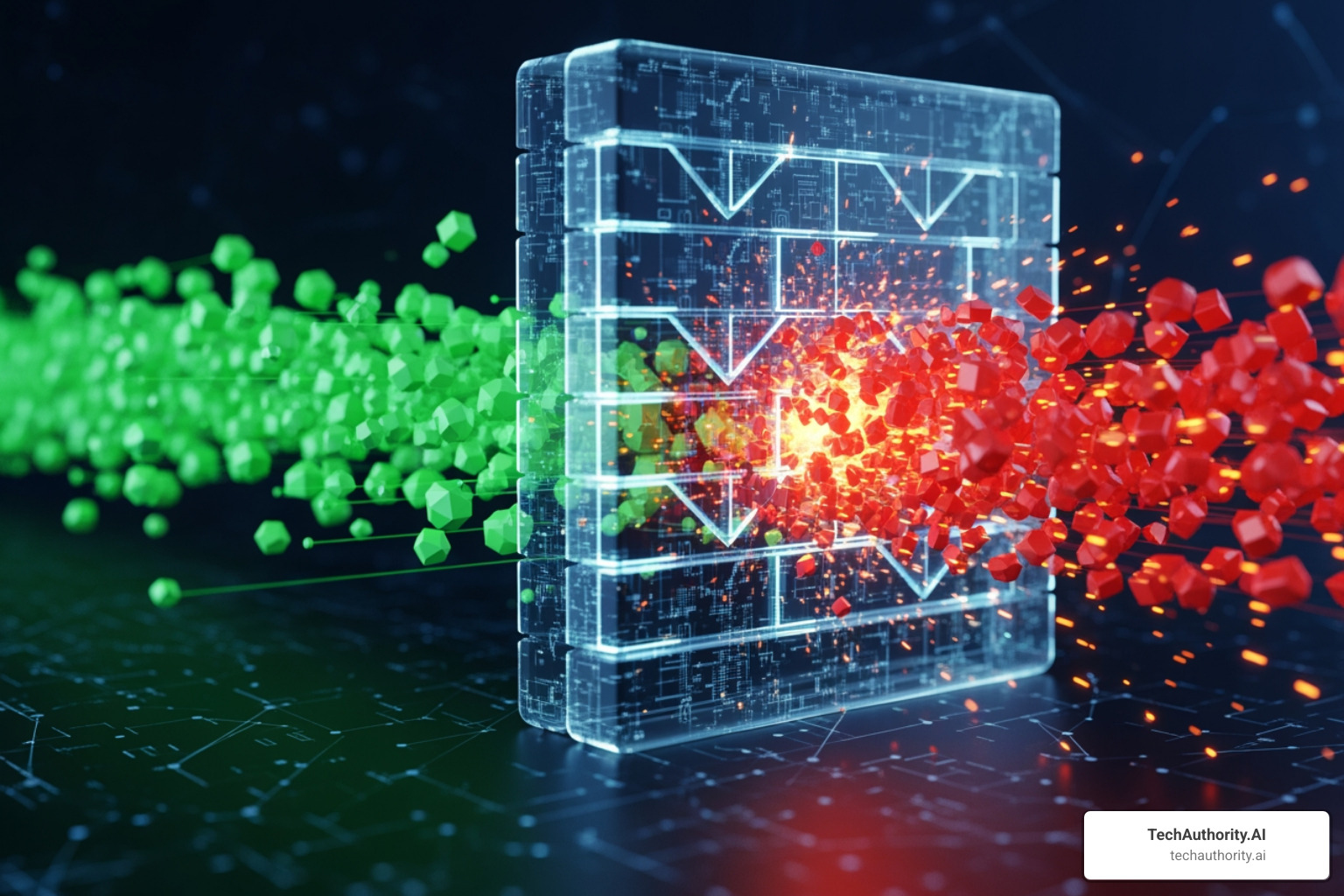 A network firewall with various data packets flowing through it. Some packets are green and pass through, representing legitimate traffic, while others are red and blocked, representing malicious traffic. - Server Security