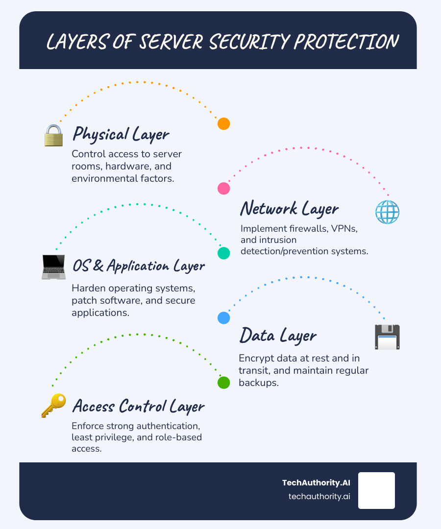 Infographic showing the six layers of server security protection: Physical layer (locked server rooms, surveillance, environmental controls), Network layer (firewalls, VPNs, intrusion detection), Operating System layer (patching, hardening, removing unnecessary services), Application layer (secure coding, access controls, resource limits), Data layer (encryption at rest and in transit, backups), and Access Control layer (strong passwords, multi-factor authentication, least privilege) - Server Security infographic infographic-line-5-steps-blues-accent_colors
