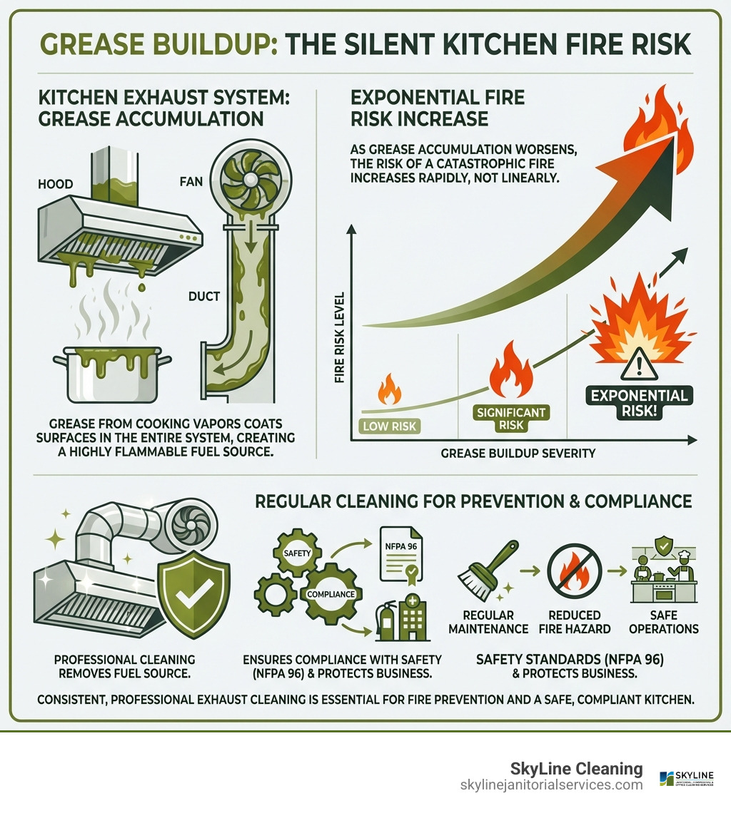 Infographic showing the fire risks of grease buildup in a kitchen exhaust system, including how grease accumulation in hoods, ducts, and fans creates flammable conditions, the exponential increase in fire risk as buildup worsens, and the role of regular cleaning in fire prevention and compliance - commercial hood cleaning infographic 