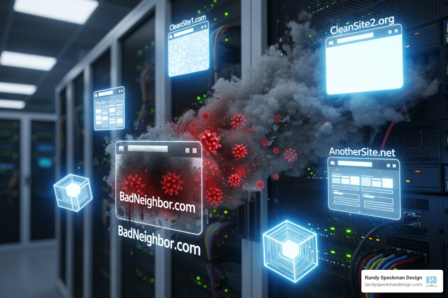 An illustration showing a server rack with multiple websites hosted on it, one website is emitting smoke or malware, representing a "bad neighbor" affecting the other sites - find all domains hosted on an ip address