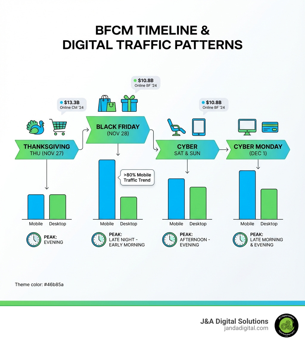 infographic showing BFCM timeline from Thanksgiving Thursday through Cyber Monday, including key dates, peak shopping hours, and traffic patterns across mobile and desktop - bfcm infographic 