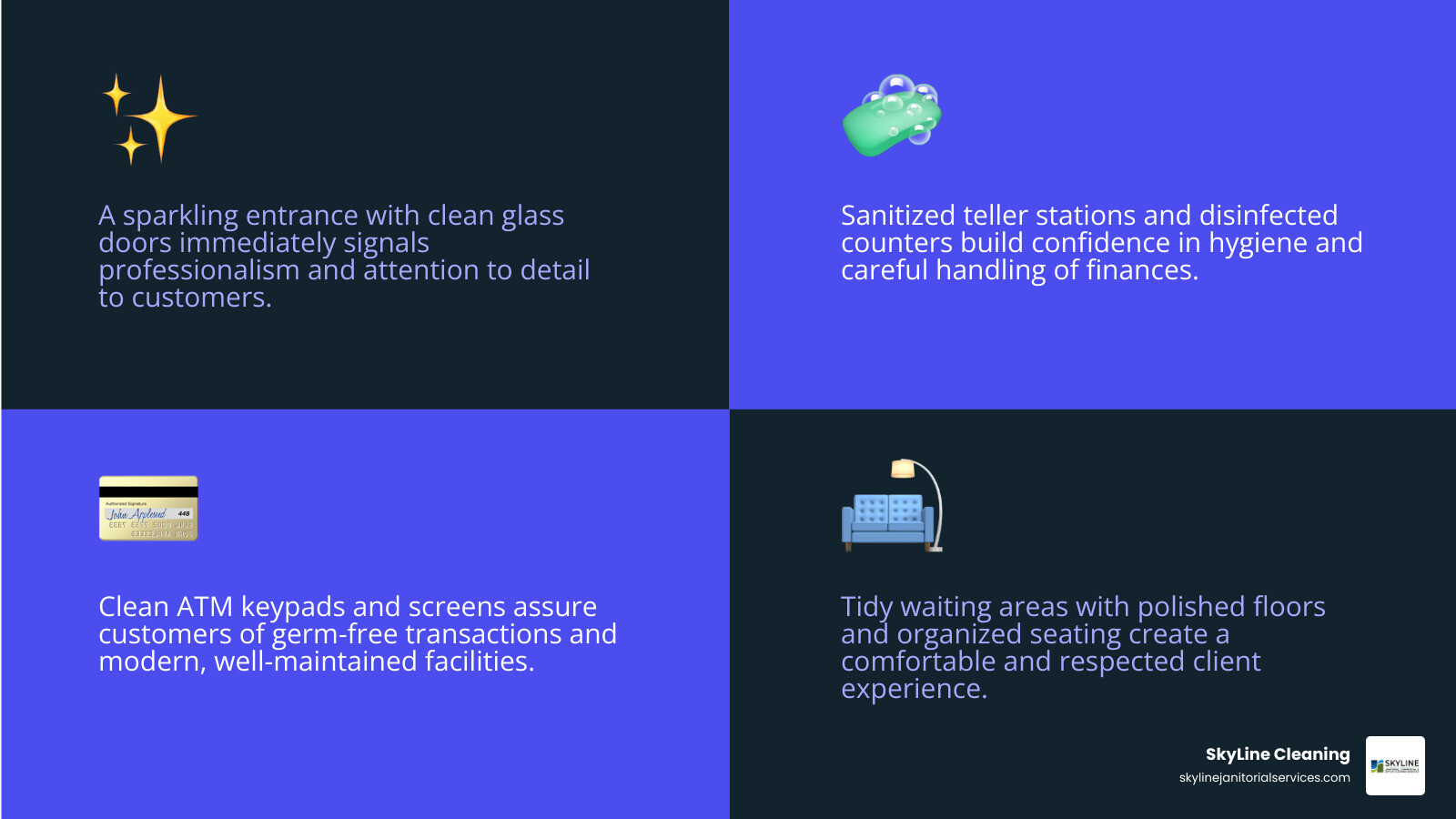 Infographic showing key areas of a bank that impact customer trust: a sparkling entrance with clean glass doors, sanitized teller stations with disinfected counters, clean ATM keypads and screens, and tidy waiting areas with polished floors and organized seating - janitorial and office cleaning services for banks infographic 4_facts_emoji_blue