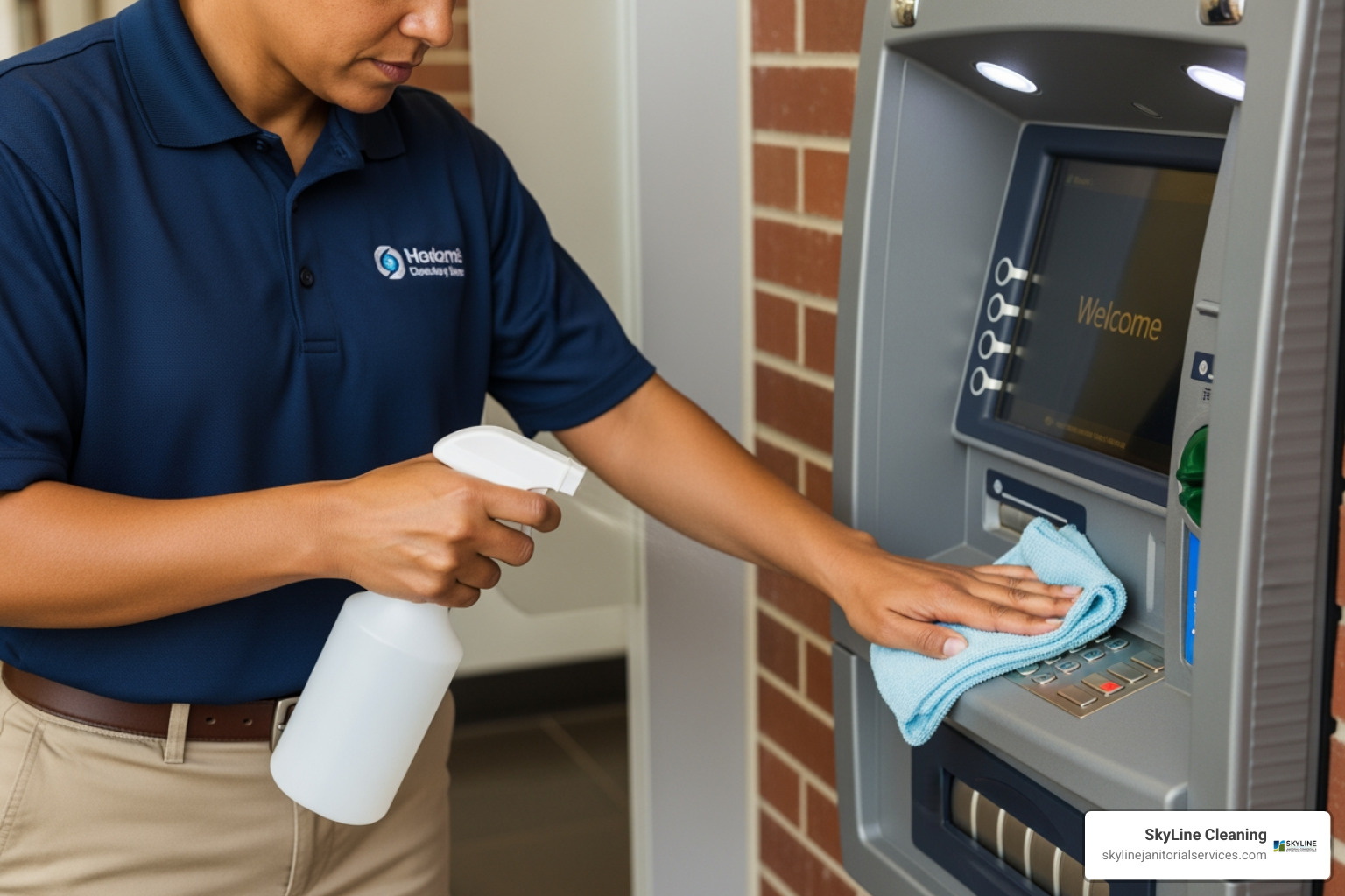 A uniformed professional cleaning and disinfecting an ATM keypad with a spray bottle and microfiber cloth - janitorial and office cleaning services for banks