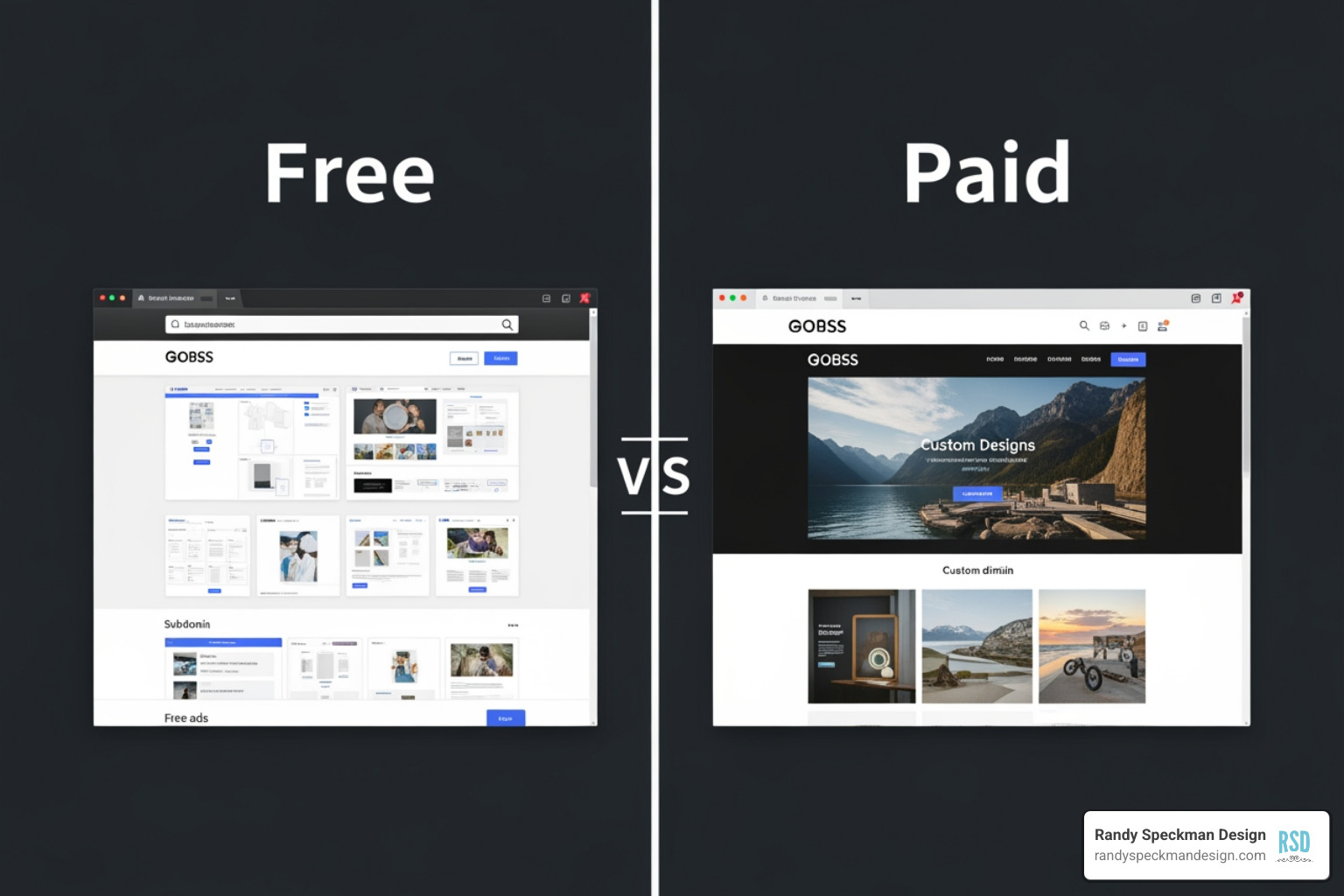 split screen showing free vs paid website - cheap website creation