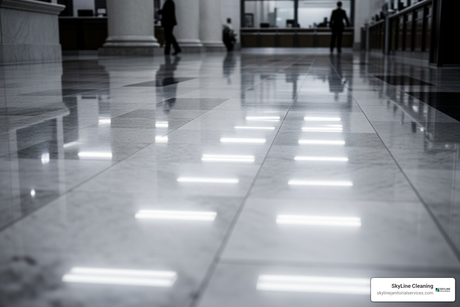 A gleaming, polished bank floor reflecting the lights, showcasing meticulous cleaning - janitorial and office cleaning services for banks