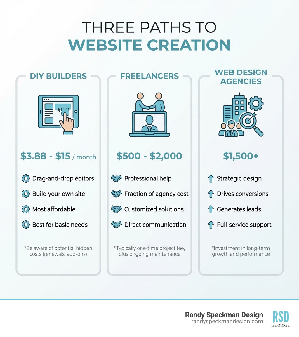 infographic showing three paths to website creation with cost ranges and key features for DIY builders, freelancers, and web design agencies - cheap website creation infographic 