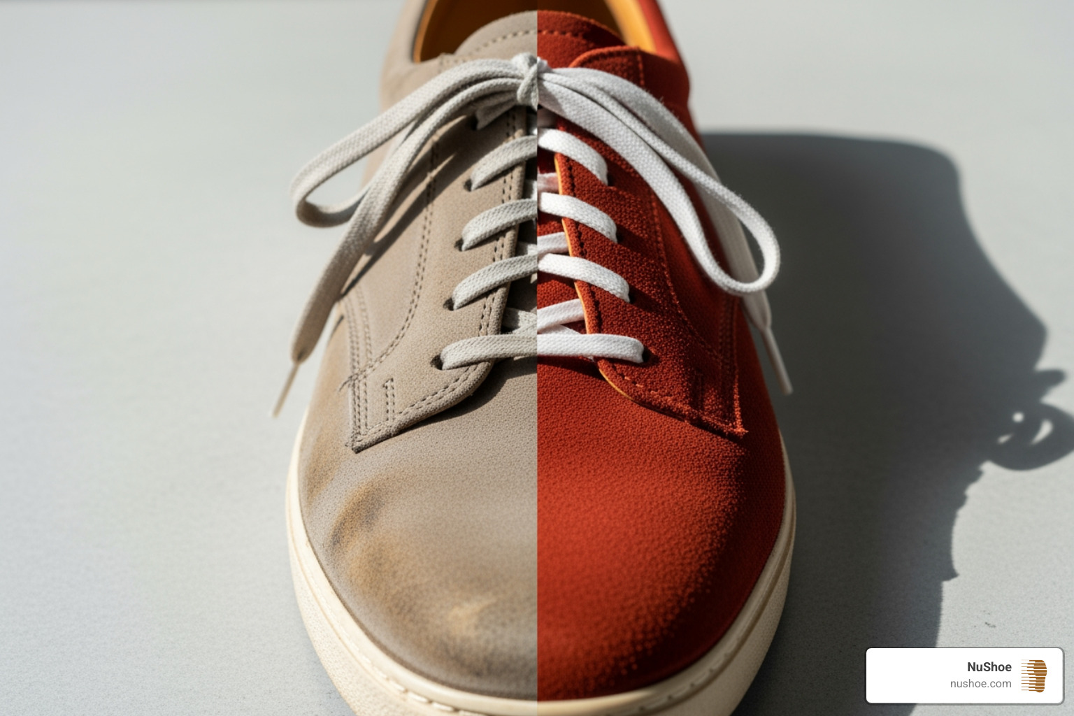 Before and after comparison of a cleaned suede shoe, showing remarkable restoration - suede shoe care