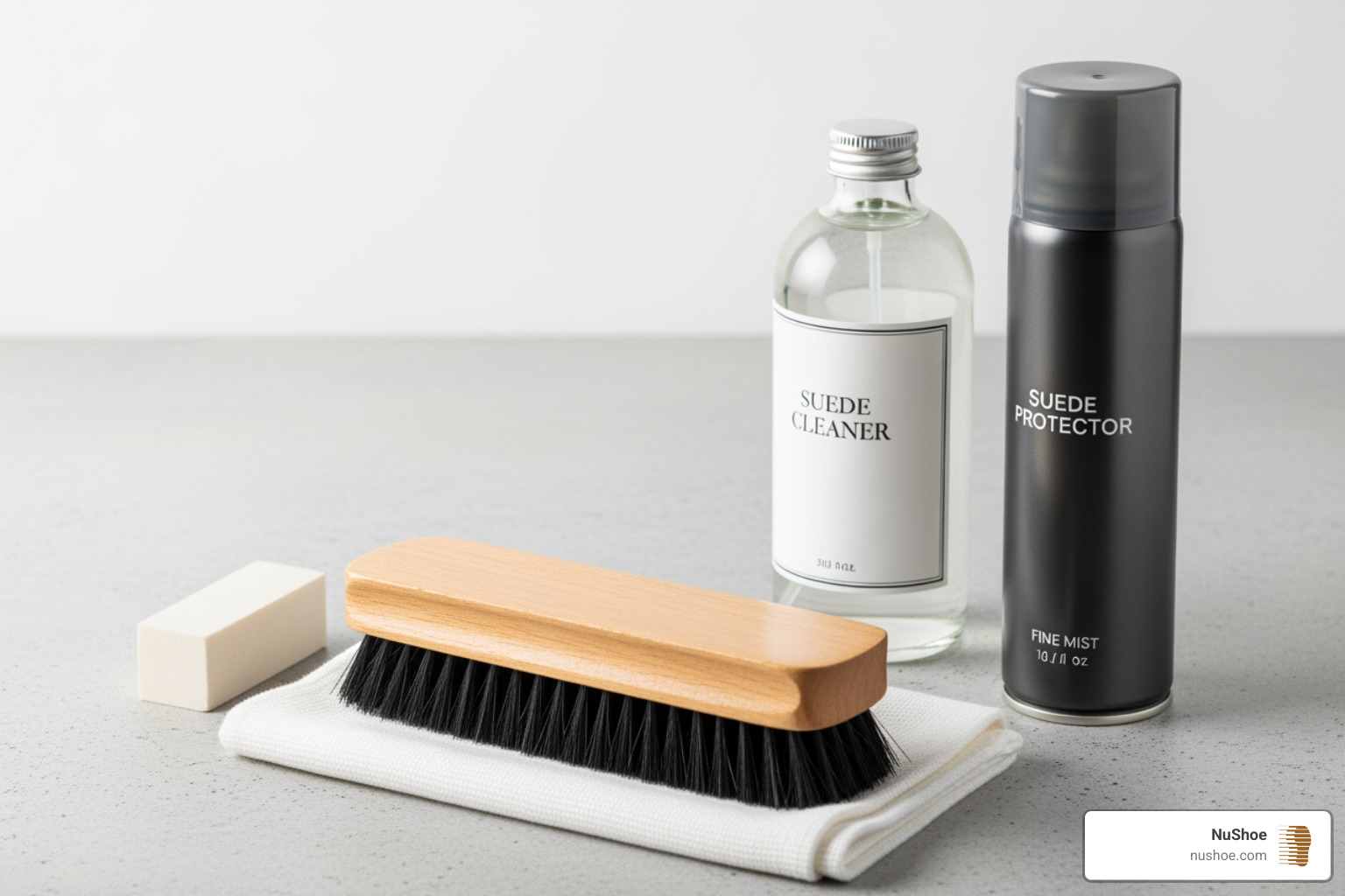 A complete suede care kit laid out neatly, including a brush, eraser, cleaning solution, and protector spray - suede shoe care