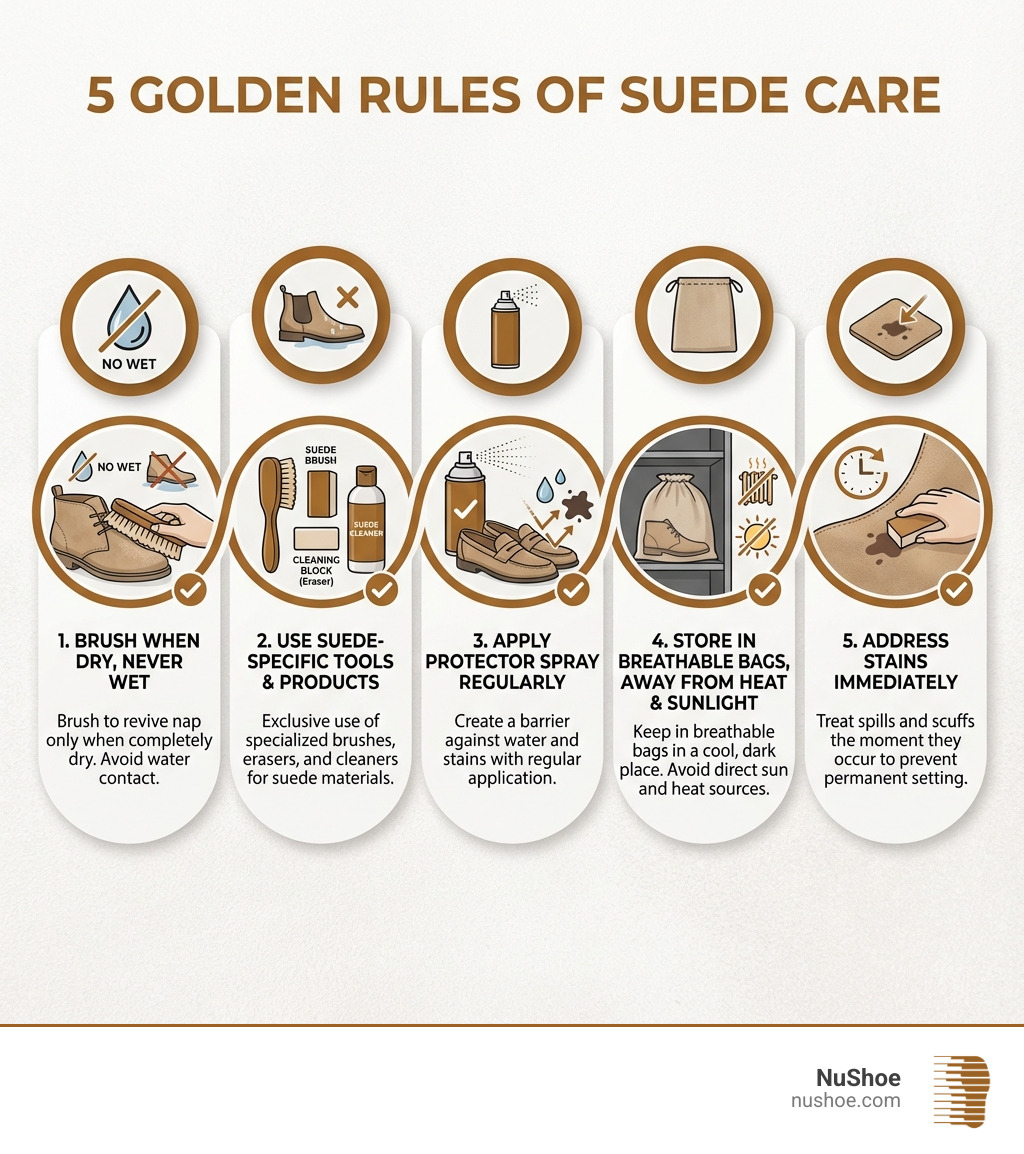 Infographic showing the 5 golden rules of suede care: 1. Always brush when dry, never when wet. 2. Use only suede-specific cleaning tools and products. 3. Apply protector spray regularly for water and stain resistance. 4. Store in breathable bags away from heat and sunlight. 5. Address stains immediately before they set in permanently. - suede shoe care infographic 
