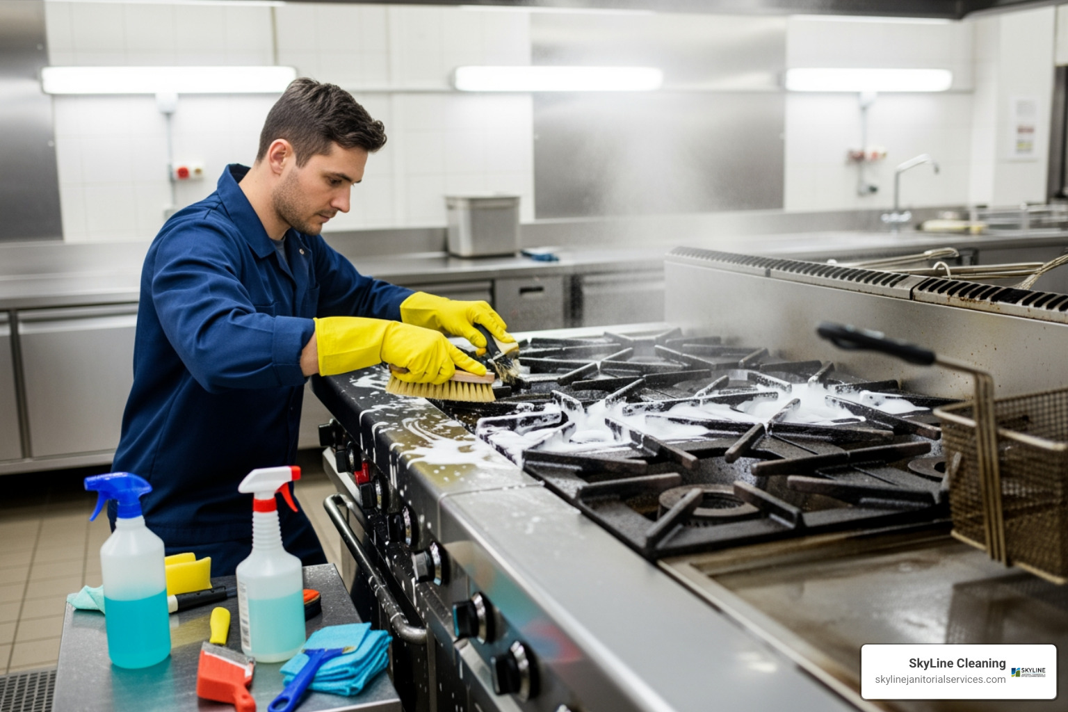 professional cleaner deep cleaning commercial kitchen stove - restaurant cleaning Arlington Heights IL