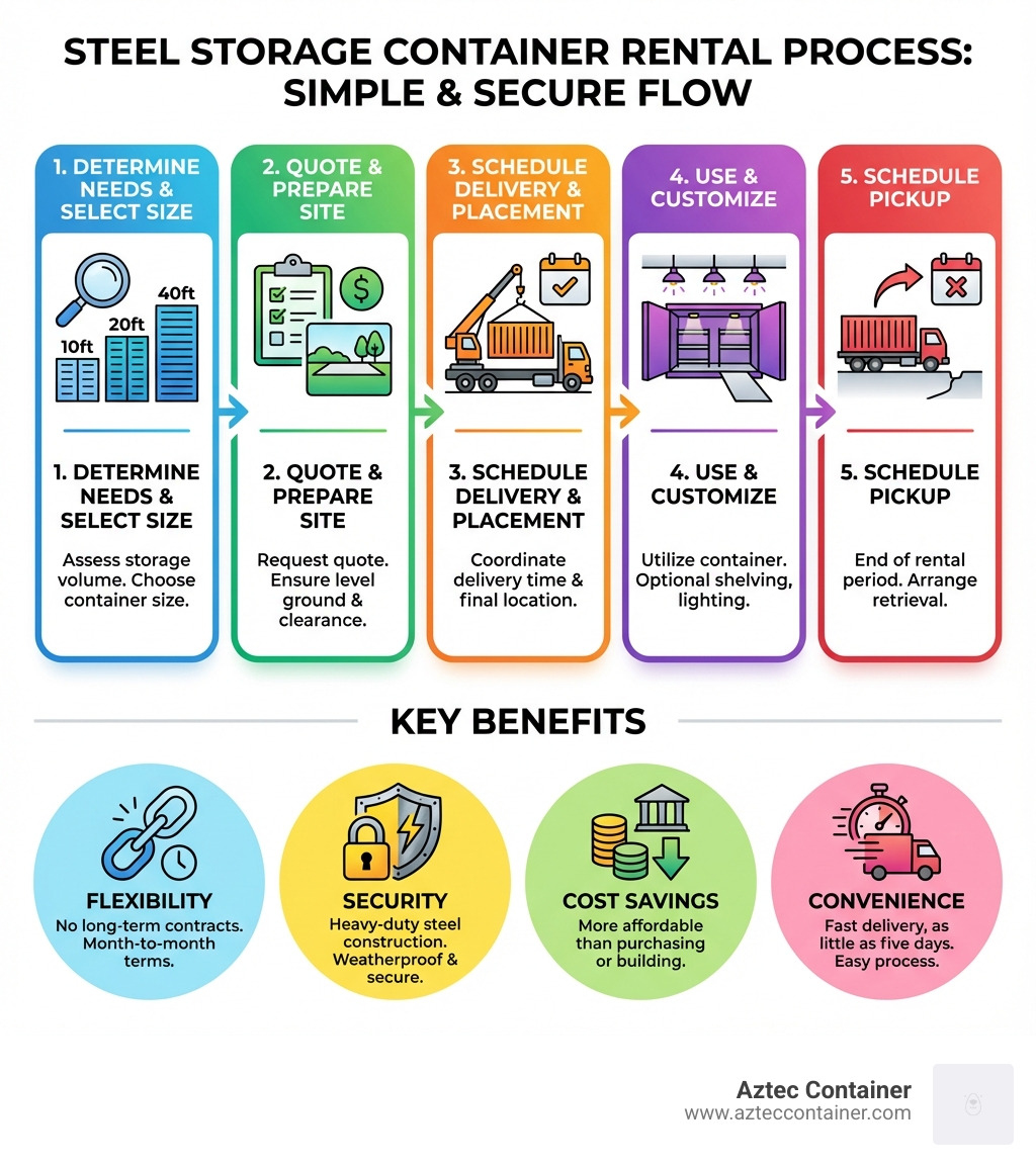 Infographic showing the complete rental process flow: 1. Determine your storage needs and select container size (10ft, 20ft, or 40ft), 2. Request a quote and prepare your site with
level ground and sufficient clearance, 3. Schedule delivery and coordinate placement, 4. Use your container with optional customizations like shelving and lighting, 5. Schedule pickup when your rental period ends. Benefits highlighted include flexibility with no long-term contracts, security from heavy-duty steel construction, cost savings compared to purchasing, and convenience with fast delivery in as little as five days. - Rent steel storage containers infographic 